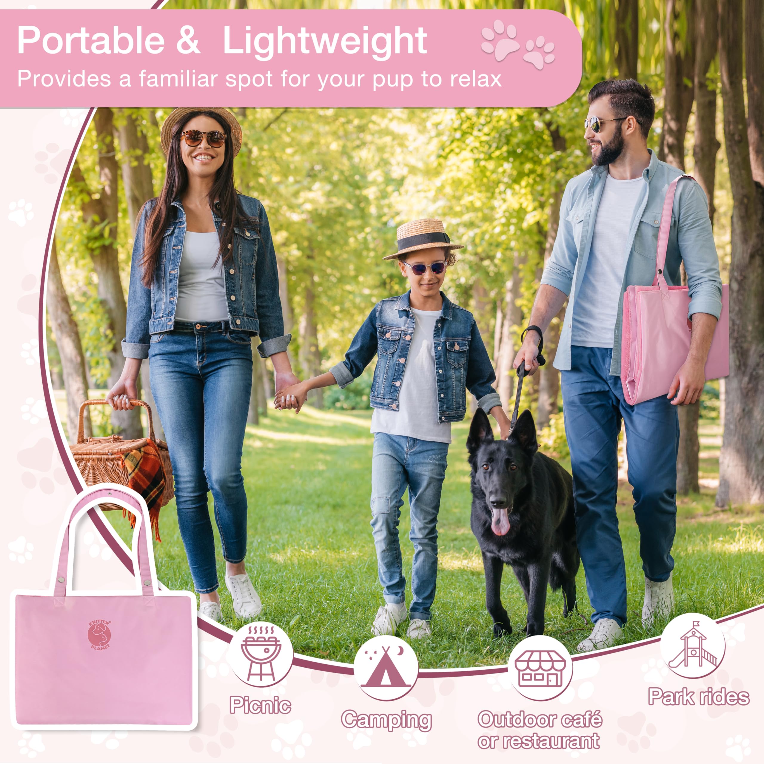 Coperta Impermeabile per Cani da Viaggio 80 x 60 cm, Tappetino per Cani da Esterno, Cuscino Lavabile per Cani da Portare Via, Letto Pieghevole per Cani da Viaggio, Auto, Campeggio, Rosa