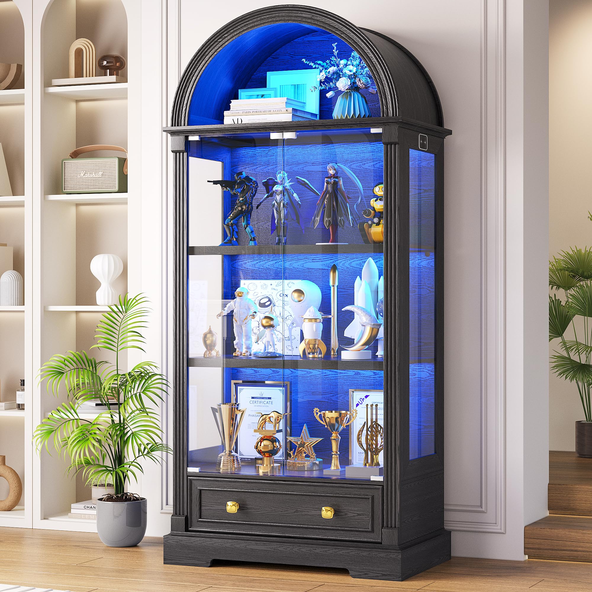 Black Curio Cabinet with Glass Doors, 72" Tall Arched Display Cabinet with Human Sensor Lights, 4-Tier Display Case for Collectibles Bookcase Living