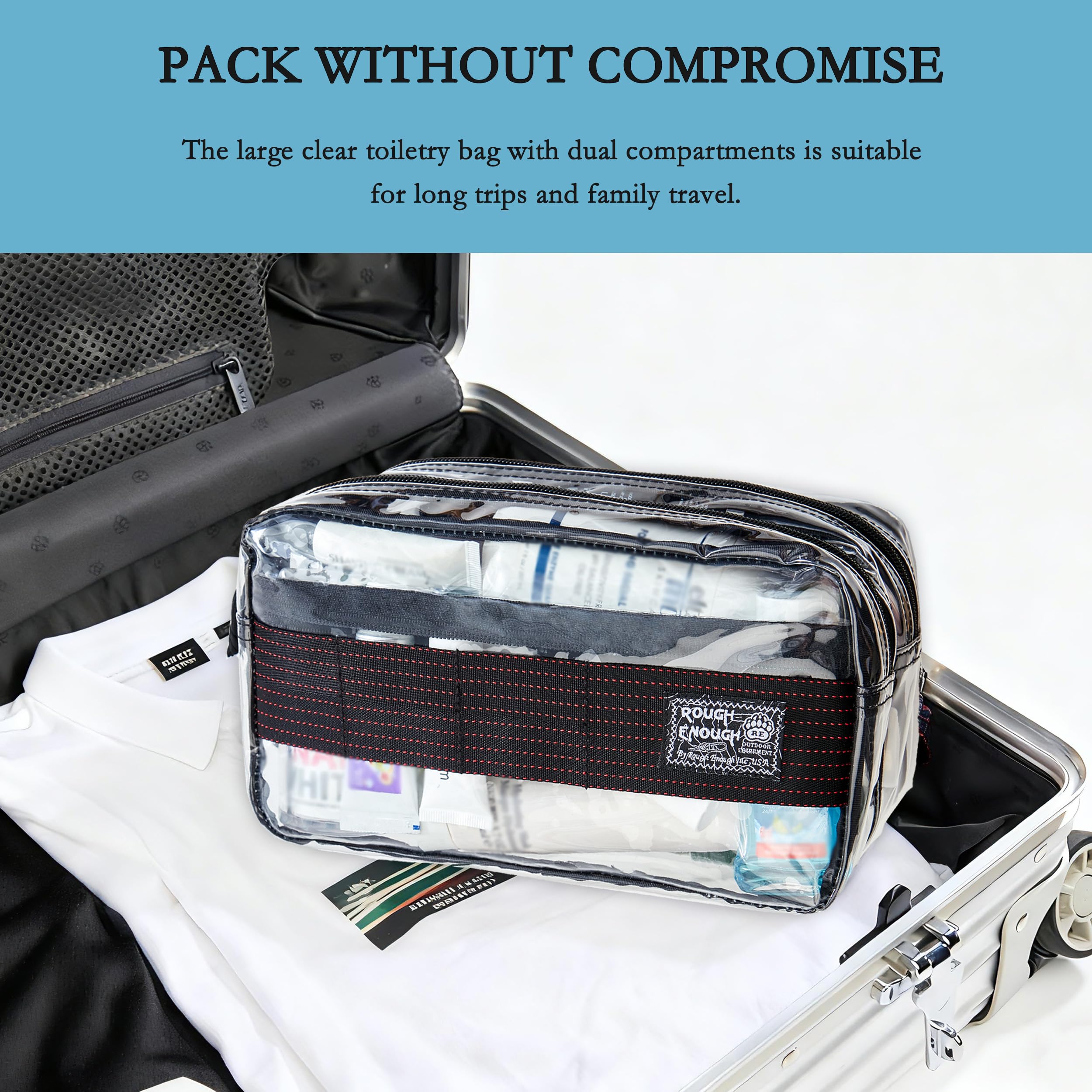 Rough Enough Clear Travel Toiletry Bag for Men Women Traveling Toiletries Essentials Shaving Hygiene Dopp Kit, Schwarz, 9.5 x 5 x 5 inch, Modisch