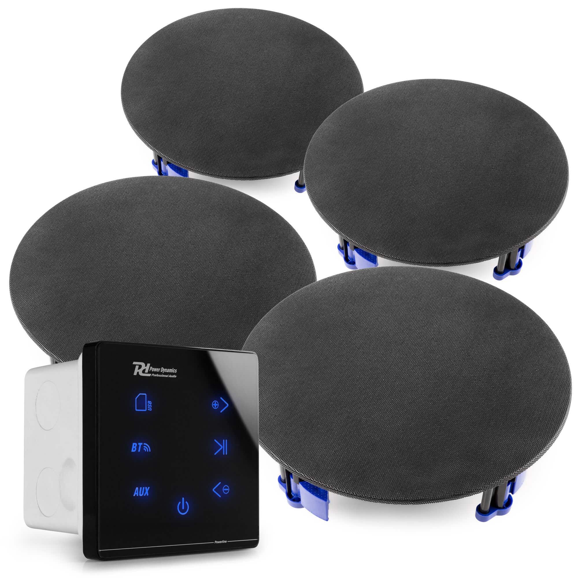 Power Dynamics Powerline A100B Pack Amplificateur Mural avec 4 Enceintes Encastrables - 60 Watts, BT 5.0, USB et Micro SD, Écran Tactile, Télécommande, Idéal pour Sonorisation de la Maison