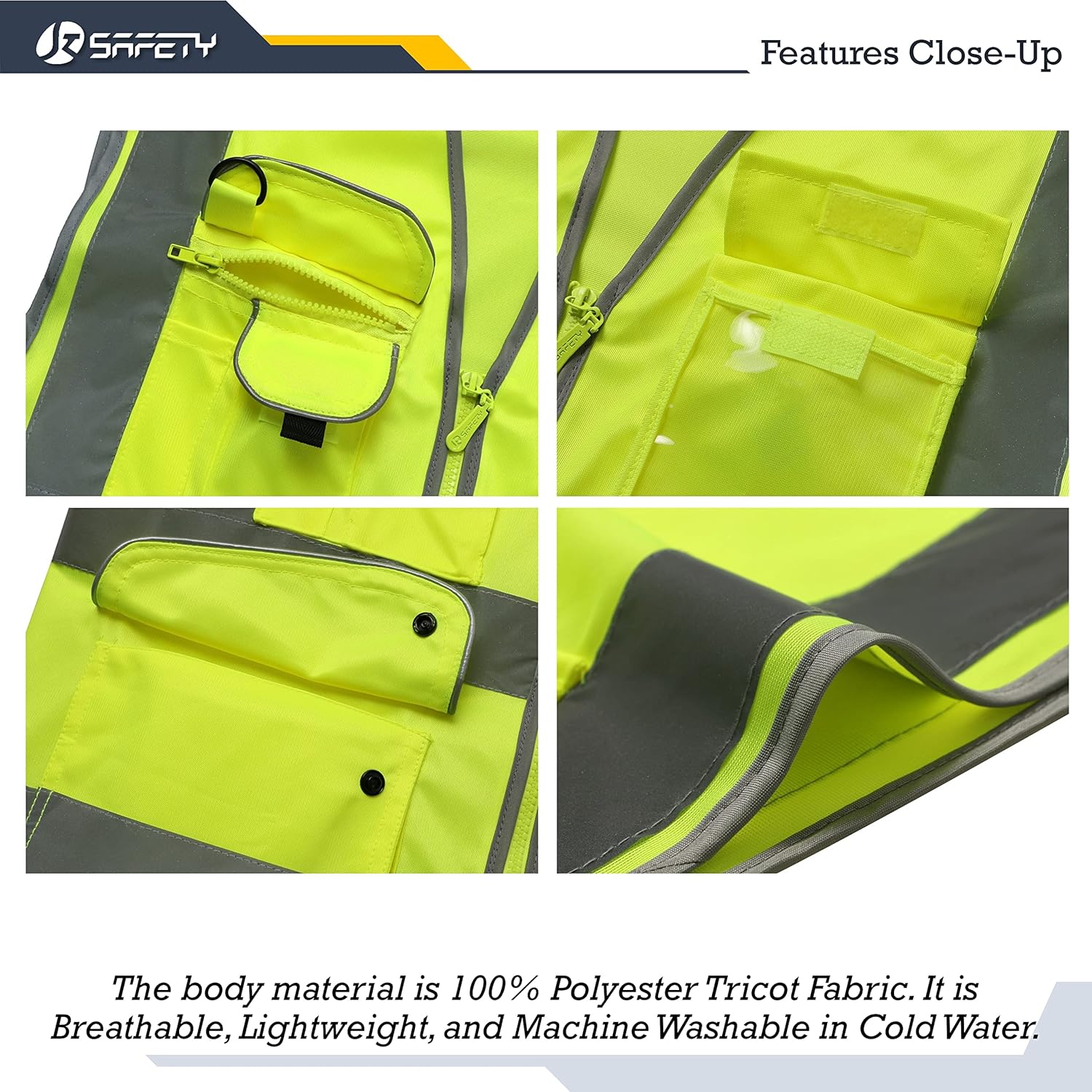 JKSafety 9 Pockets Class 2 High Visibility Zipper Front 6 Pack Safety Vest With Reflective Strips,Meets ANSI/ISEA Standard （155 Yellow L