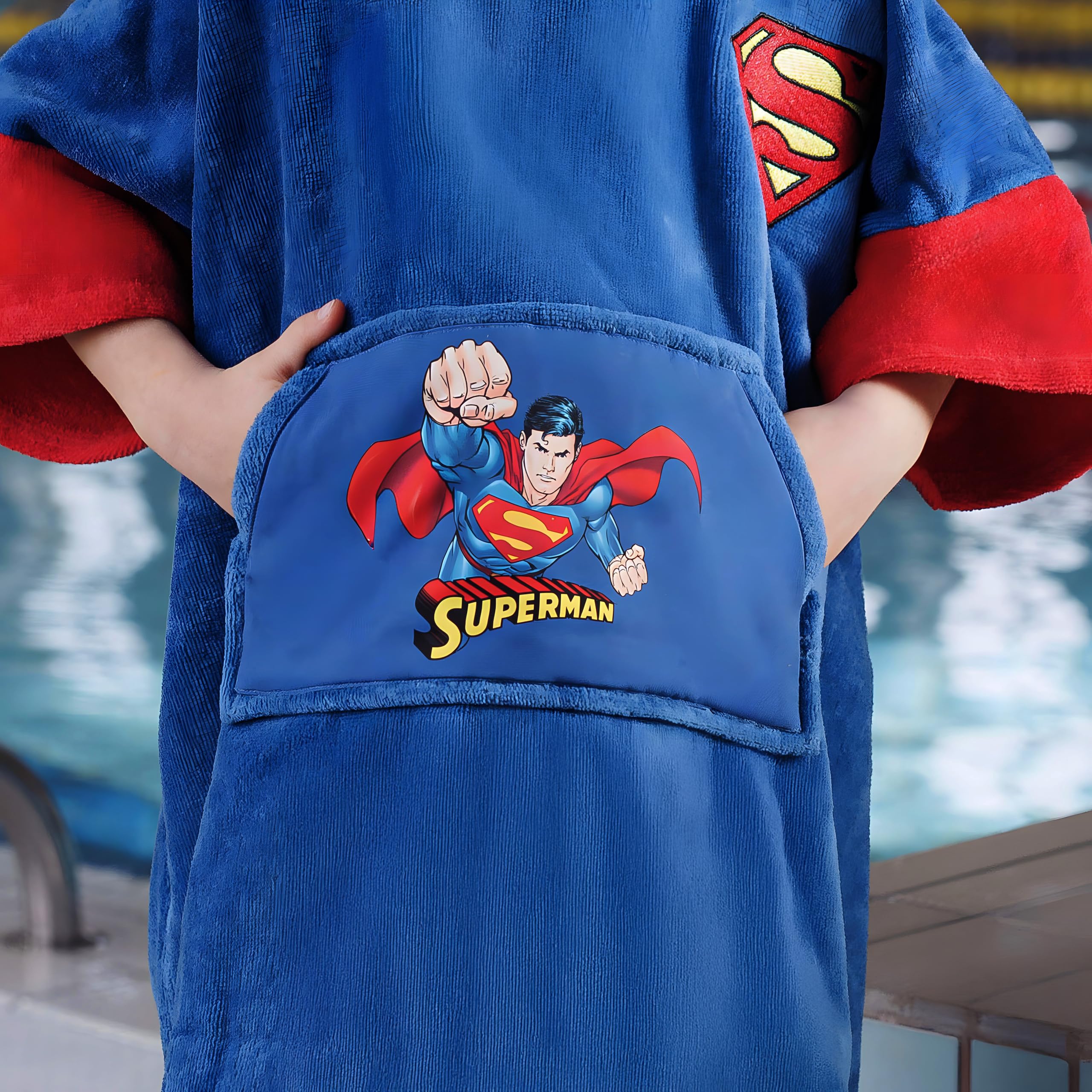 WAVE HAWAII Poncho de baño para niños, poncho de surf de algodón natural, poncho de playa con capucha, toalla acogedora para niños y niñas para el hogar, baño de ocio y viaje, tamaño (Superman, XS)