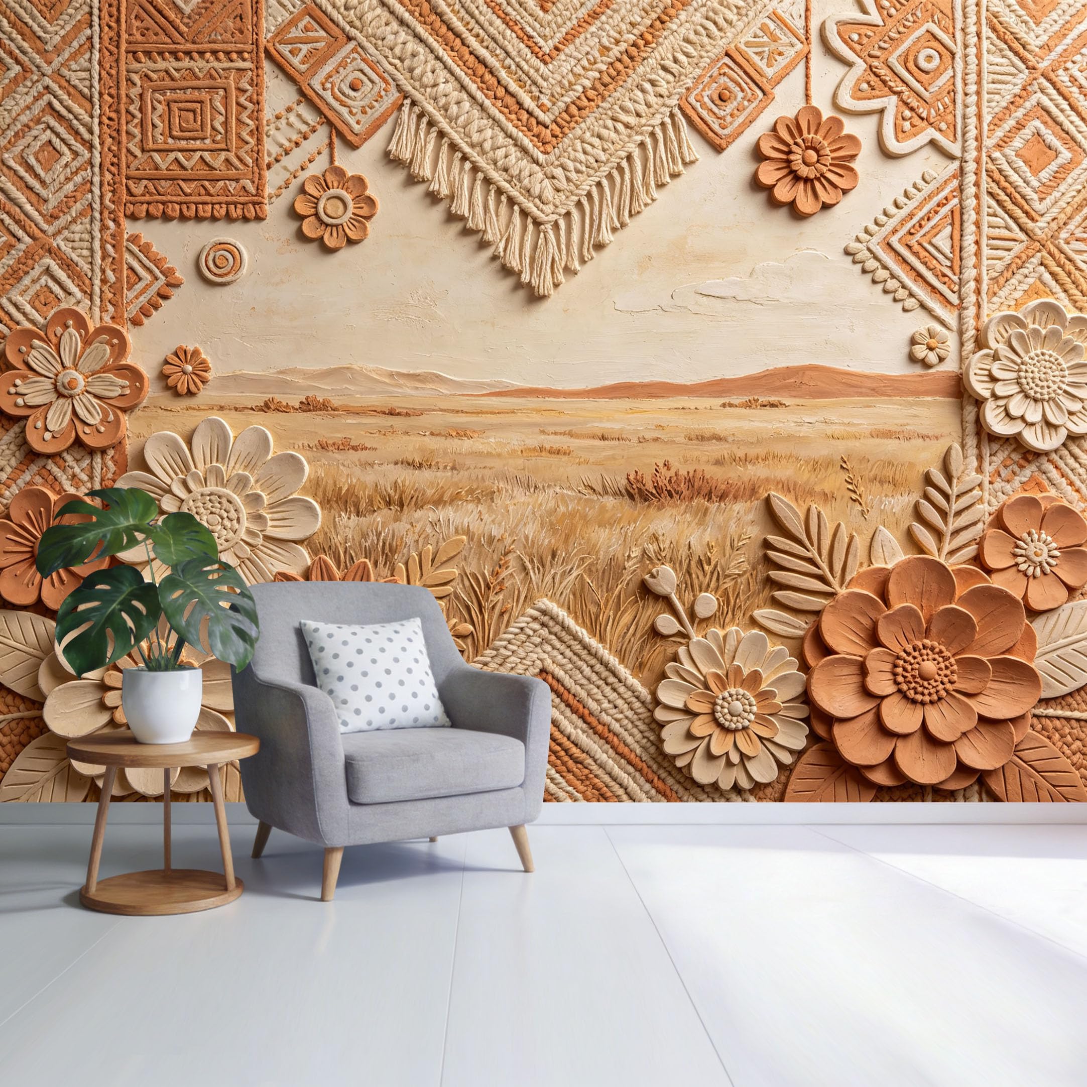 Custom Size Wall Mural Boho Floral Macrame Pattern Textured Beige Terracotta Landscape SelfAdhesive Wall Fabric Removable Wallpaper for Home Office Decor