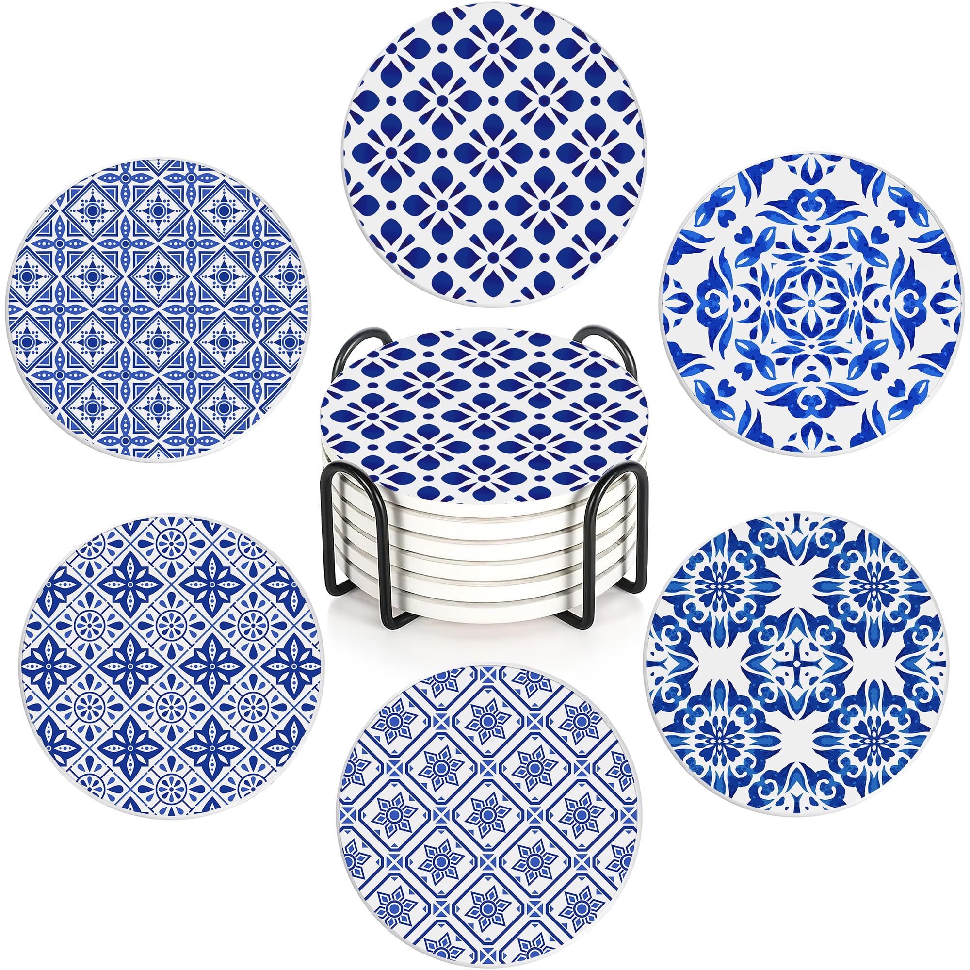 Handpainted Blue Pattern 6Pack Ceramic Drink Coasters,Quick-Absorb Stone Coasters with Anti-Slip Cork Backing & Metal Holder