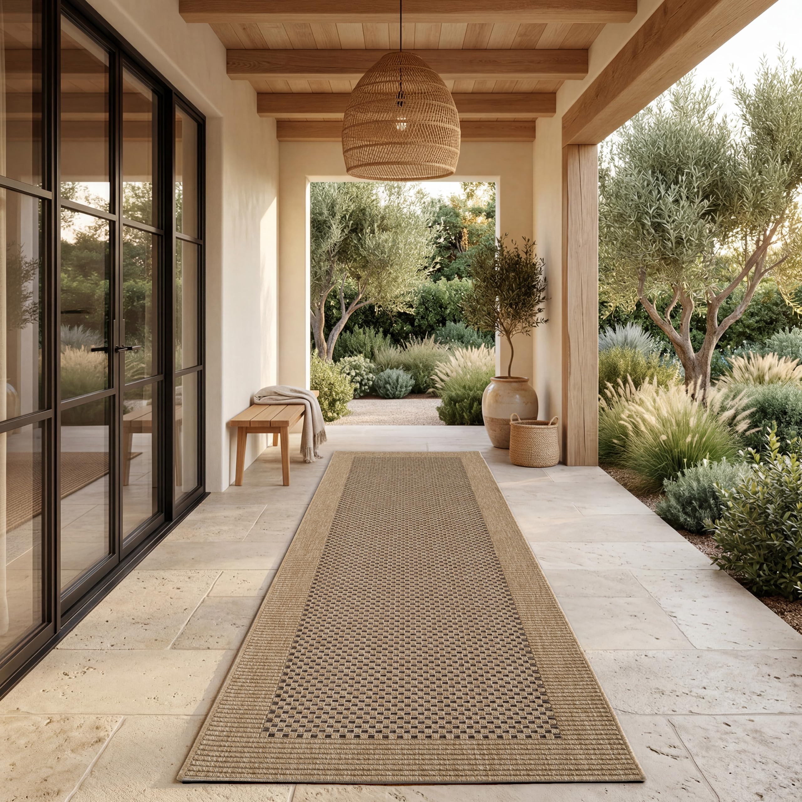 Paco Home In- & Outdoor Rug Garden Kitchen Rug Border Sisal Look Monochrome Beige, Size:80x250 cm