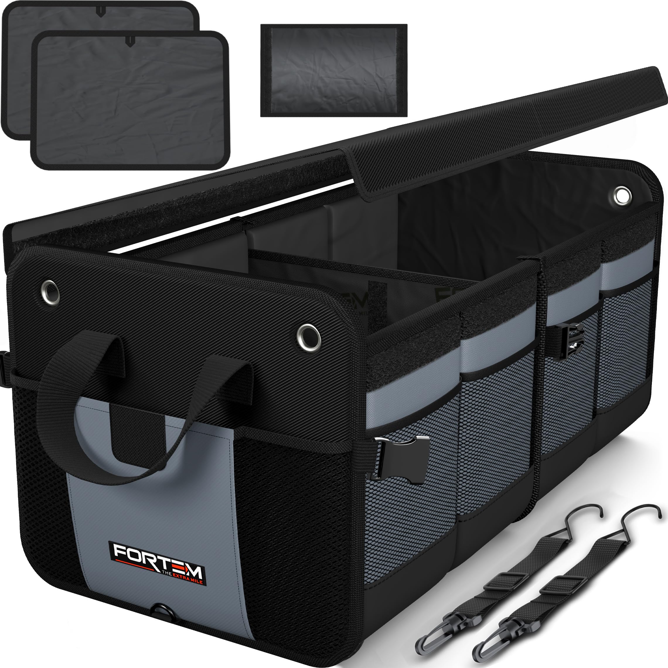 FORTEM Car Trunk Organizer | Heavy Duty Collapsible Cargo Storage | Straps Non-Slip Bottom Strips to Prevent Sliding | 100% Waterproof Bottom | Bonus Micro Fiber Towels