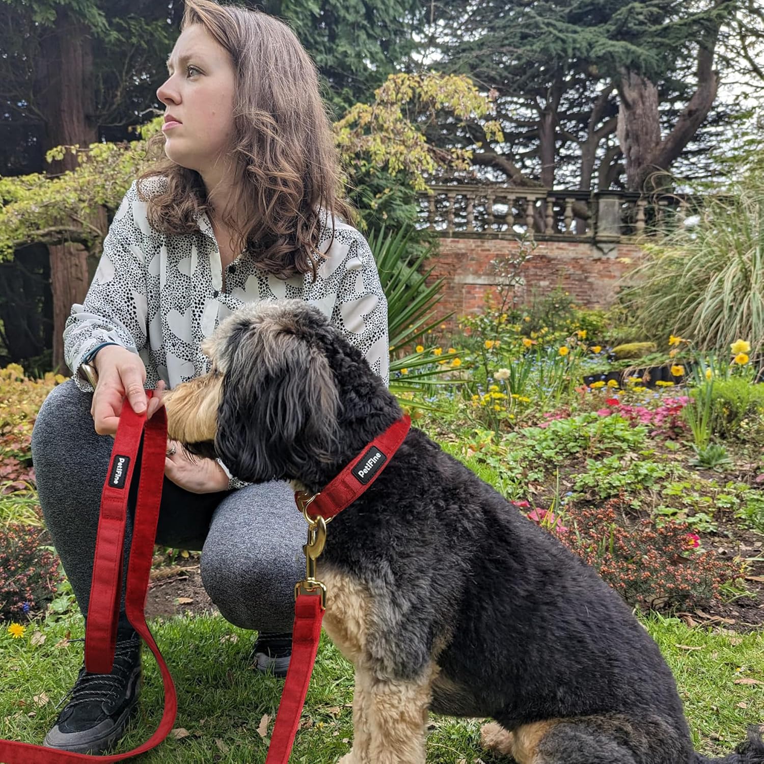 PetiFine Dog Collar and Leash Set, Adjustable Red Dog Collar, Super Soft Velvet Leash with Metal Buckle for Small Medium Large Breeds