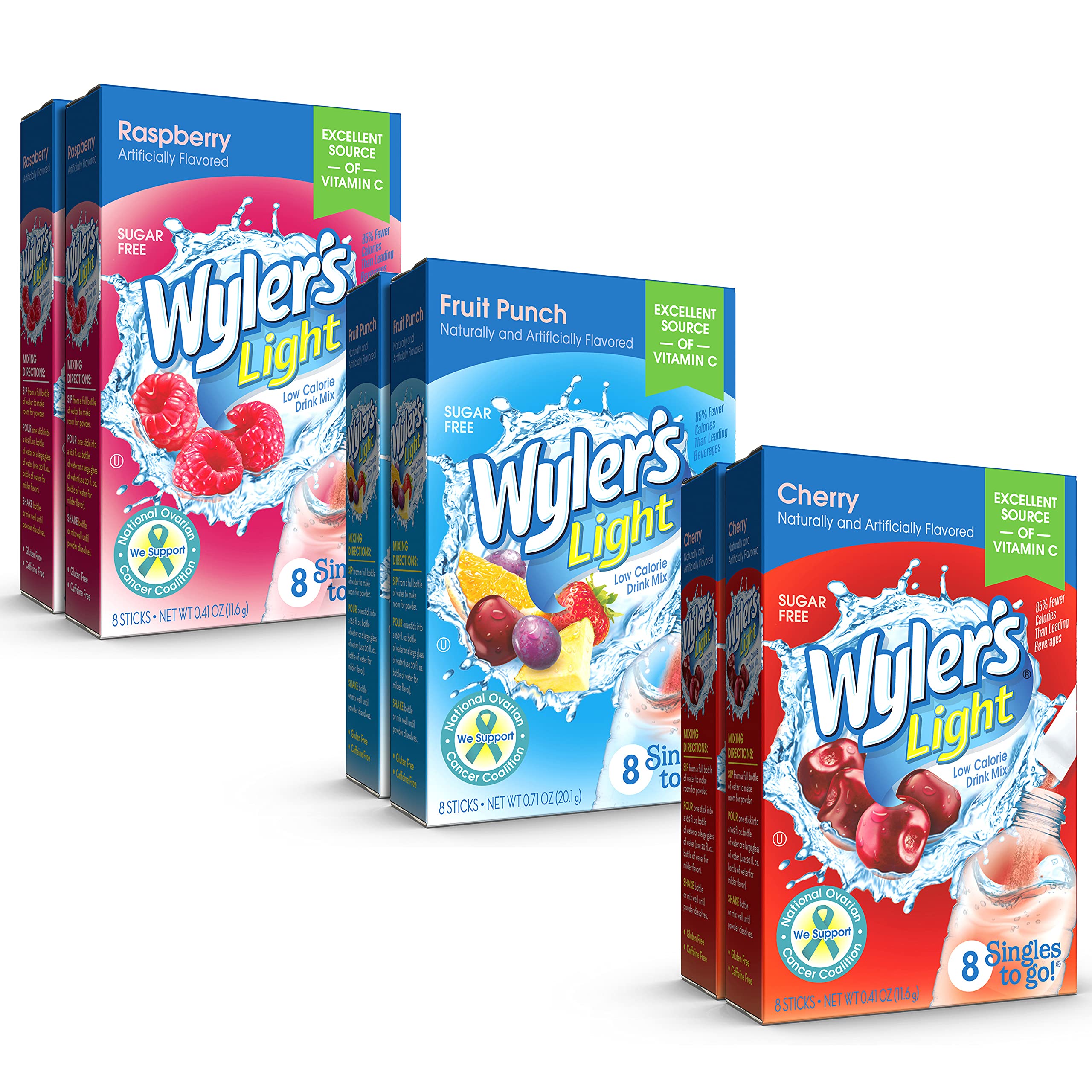 Wyler's Light Singles To Go Powder Drink Mix, 2 Raspberry, 2 Fruit Punch, 2 Cherry, Variety Pack, 1 CT