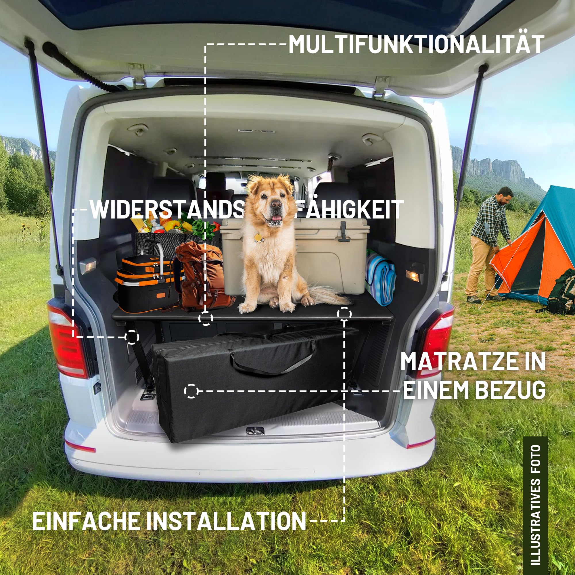 CHROMEMASTER | Kompatibel mit Ford Tourneo Custom II 2023+ ; Set: Faltbar Bett für Auto und Auto Matratze, Faltmatratze; Multiflexboard Bettverlängerung für Camper, Regal; Zubehör für den Wohnmobil