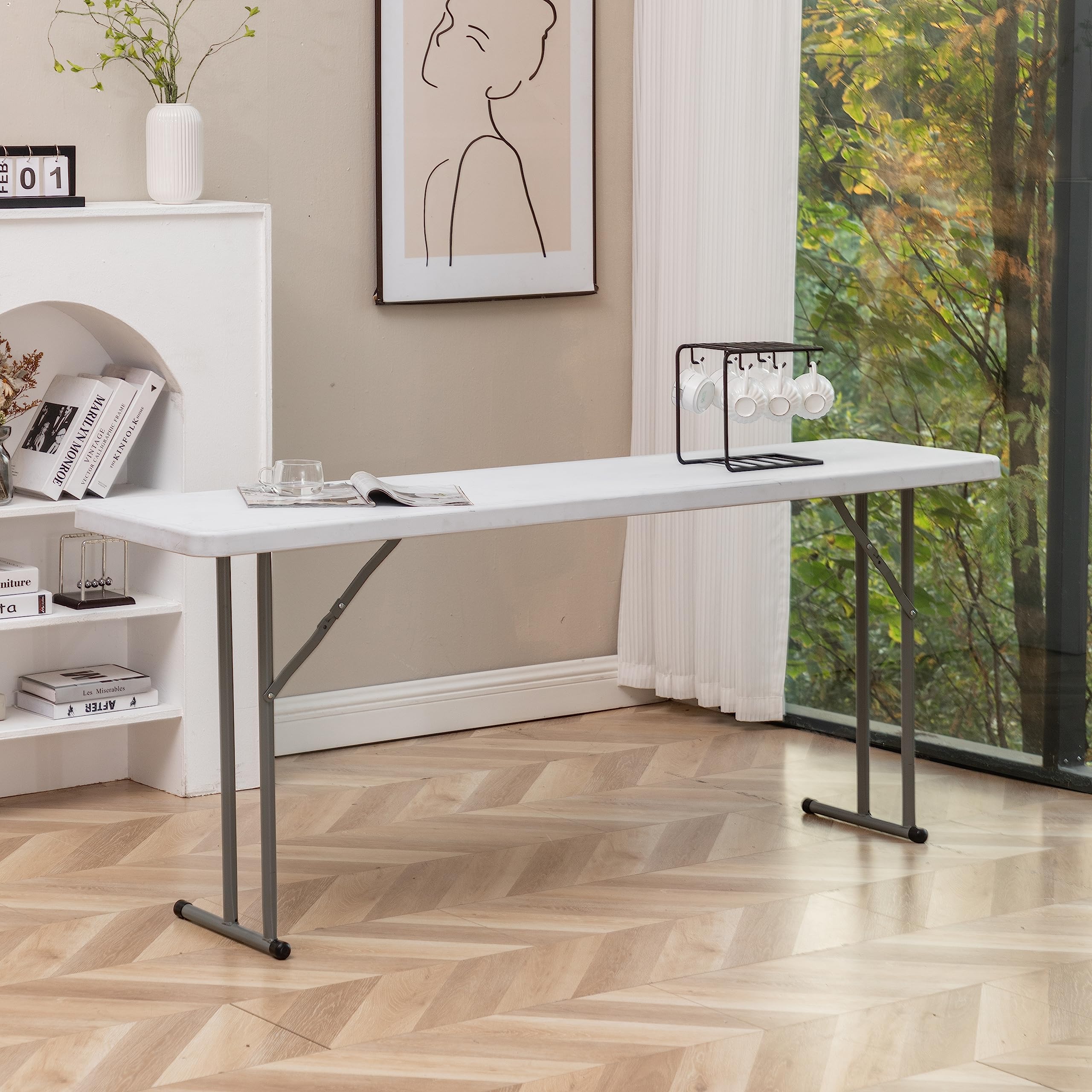 BTEXPERT White Set of 5 6-Foot-72 Long Granite Plastic Folding Seminar Training Table Portable 18" Wide Narrow, 29" High, Events Indoor Outdoor Lightweight