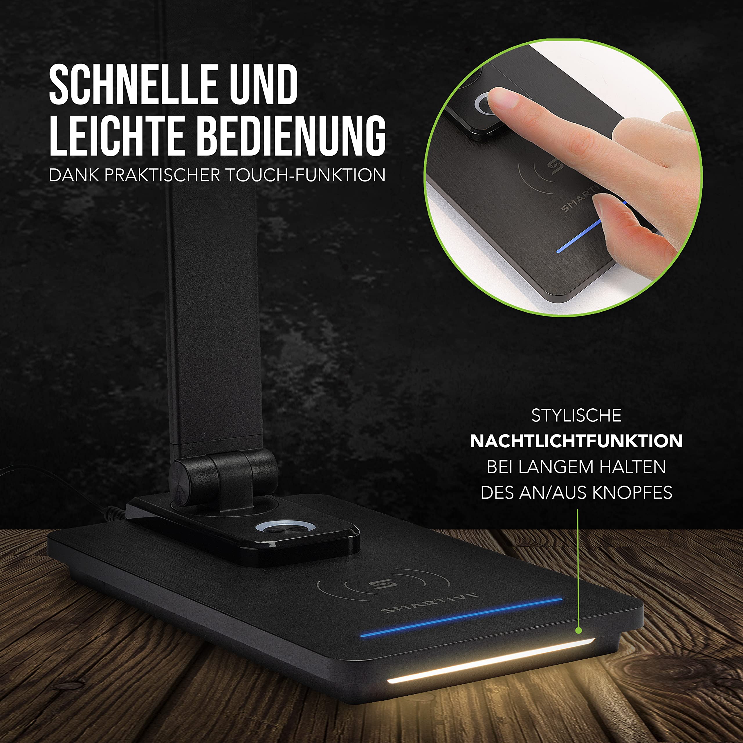 SMARTIVE | Design Schreibtischlampe mit kabelloser Ladefunktion - LED Bürolampe mit 10W wireless charging - augenschonendes Licht dimmbar und Laden ohne Kabel | desk lamp schwarz + USB Ausgang