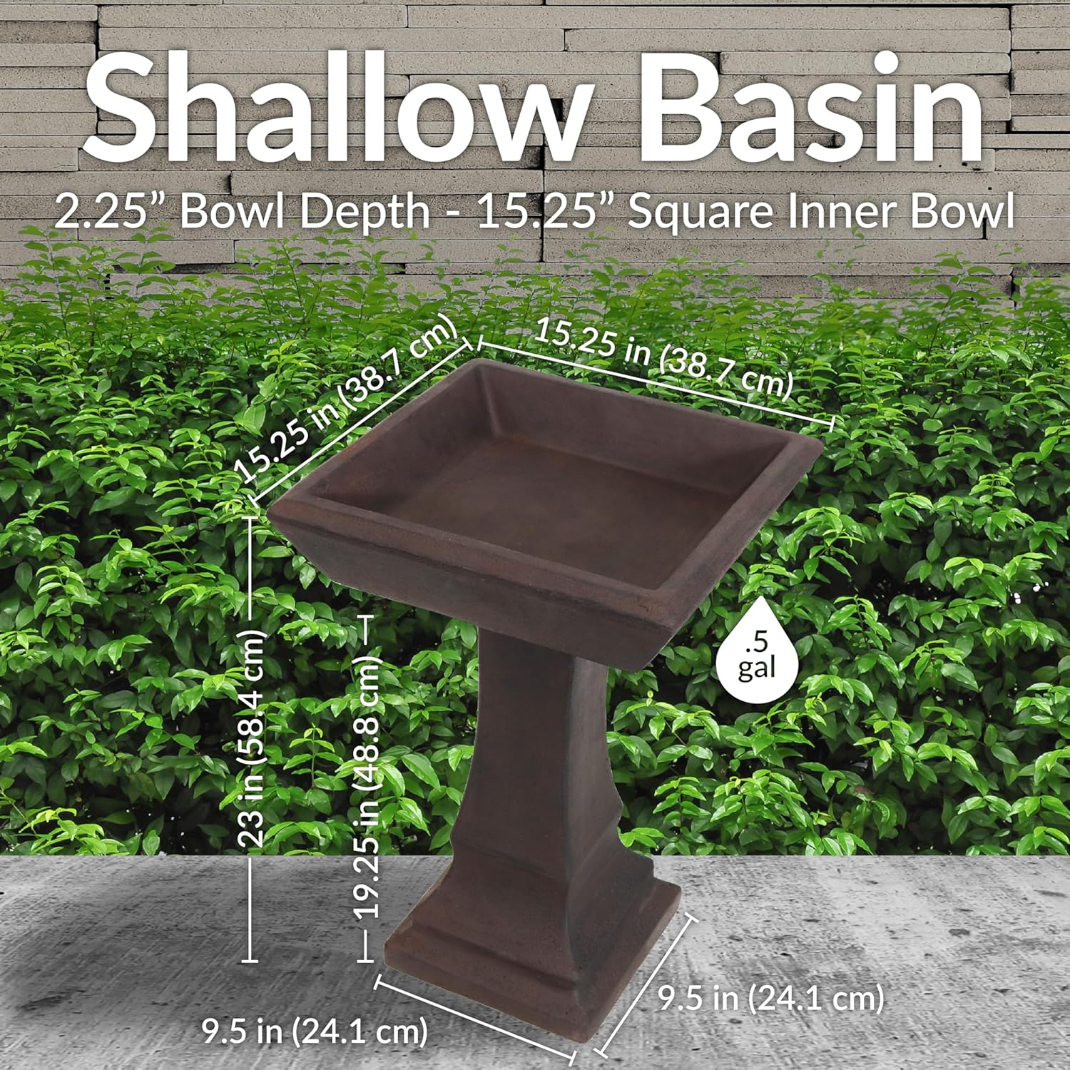 Sunnydaze 23” H Concrete Bird Bath for Outdoors - Simply Square Garden Bird Bath with Glass Fiber Reinforced Concrete Construction - Brown