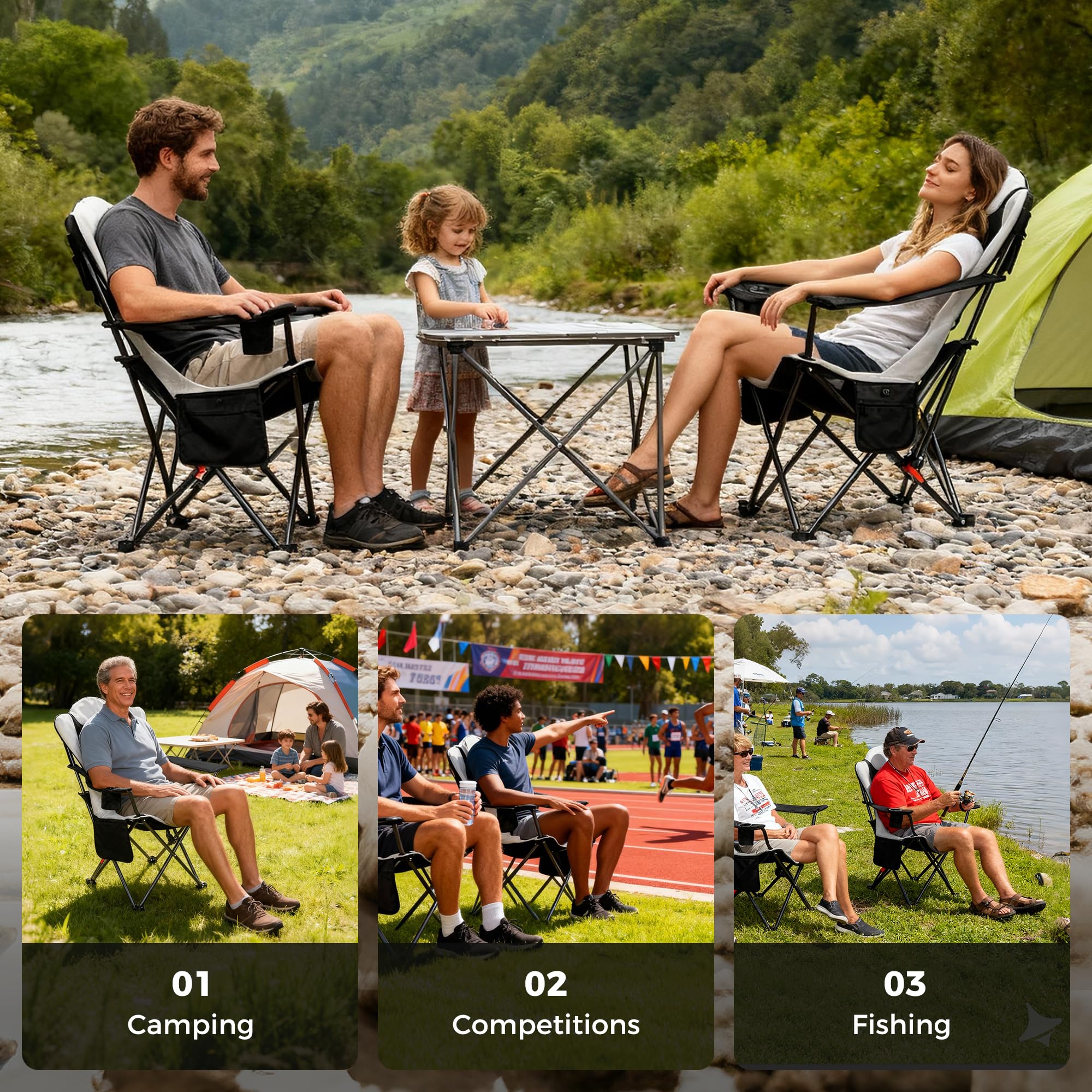 OUTSIDER Lot de 2 chaises de camping à 3 positions pour adultes – Support de 160 kg avec poche supérieure et latérale, porte-gobelet, réglable en 3 étapes, chaise de pêche en plein air pour camping