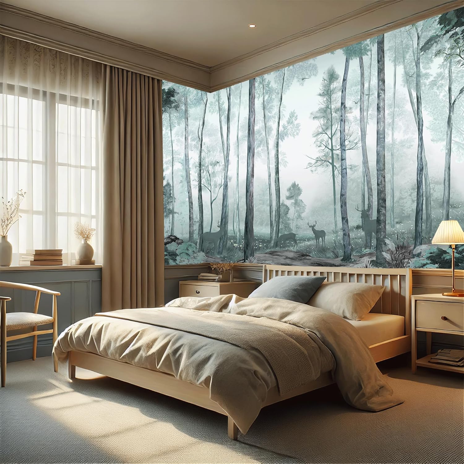 AMUGISH Misty Forest Wall Mural – Tranquil Woodland Scene Wallpaper with Deer and Soft Greenery, Non-Pasted - Ideal for Living Rooms, Bedrooms, and Nurseries