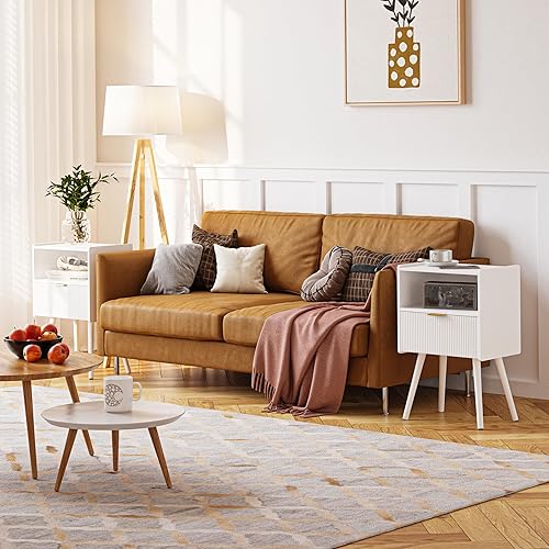 Miniatura 4 de Mesita de noche blanca, moderna mesita de noche con cajón de almacenamiento y estante de madera abierta, para sala de estar, dormitorio y espacios