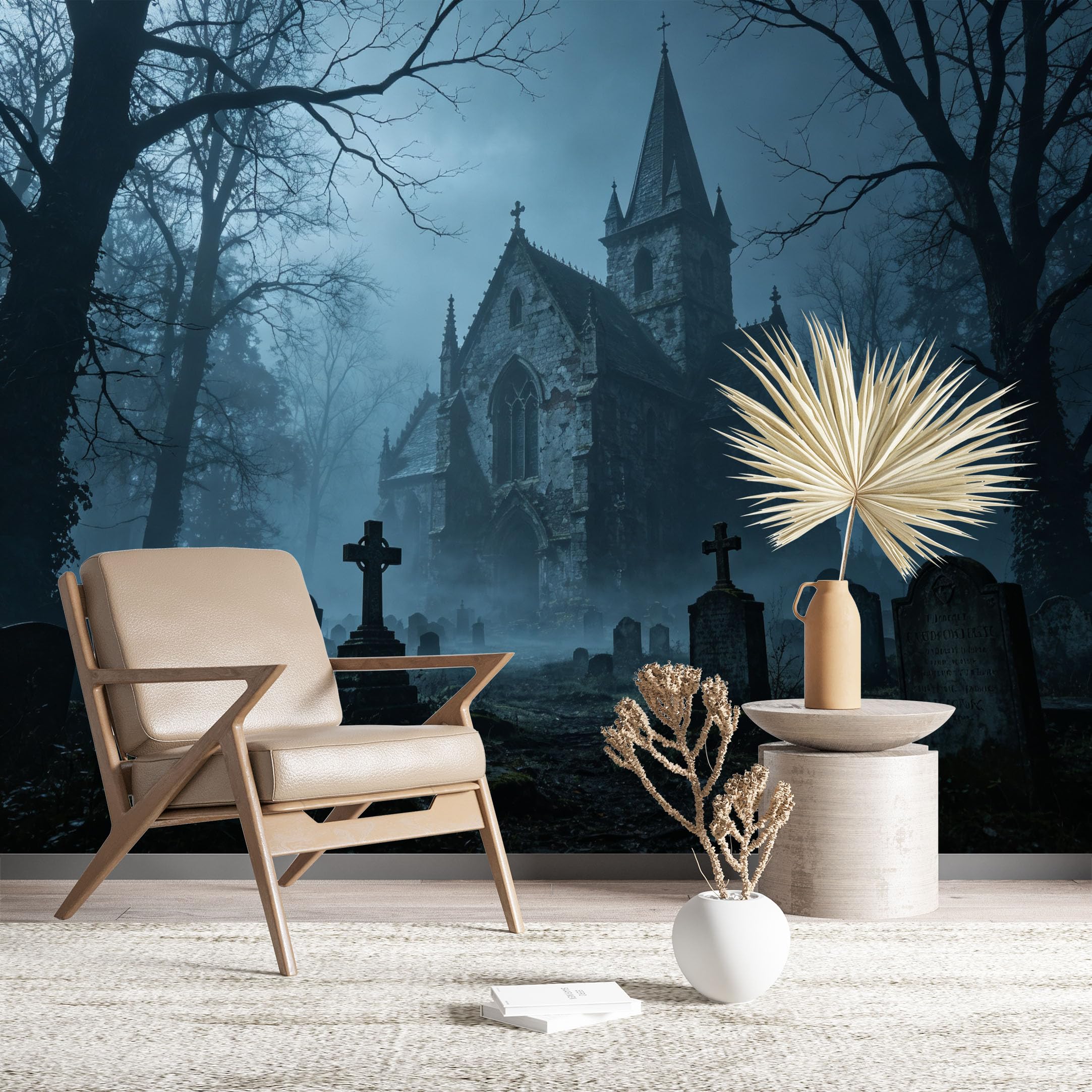 Custom Size Wall Murals Haunted Gothic Church in Misty Cemetery HD Self-Adhesive Wall Fabric (NO PVC) Removable Wallpaper for Living Room Bedroom