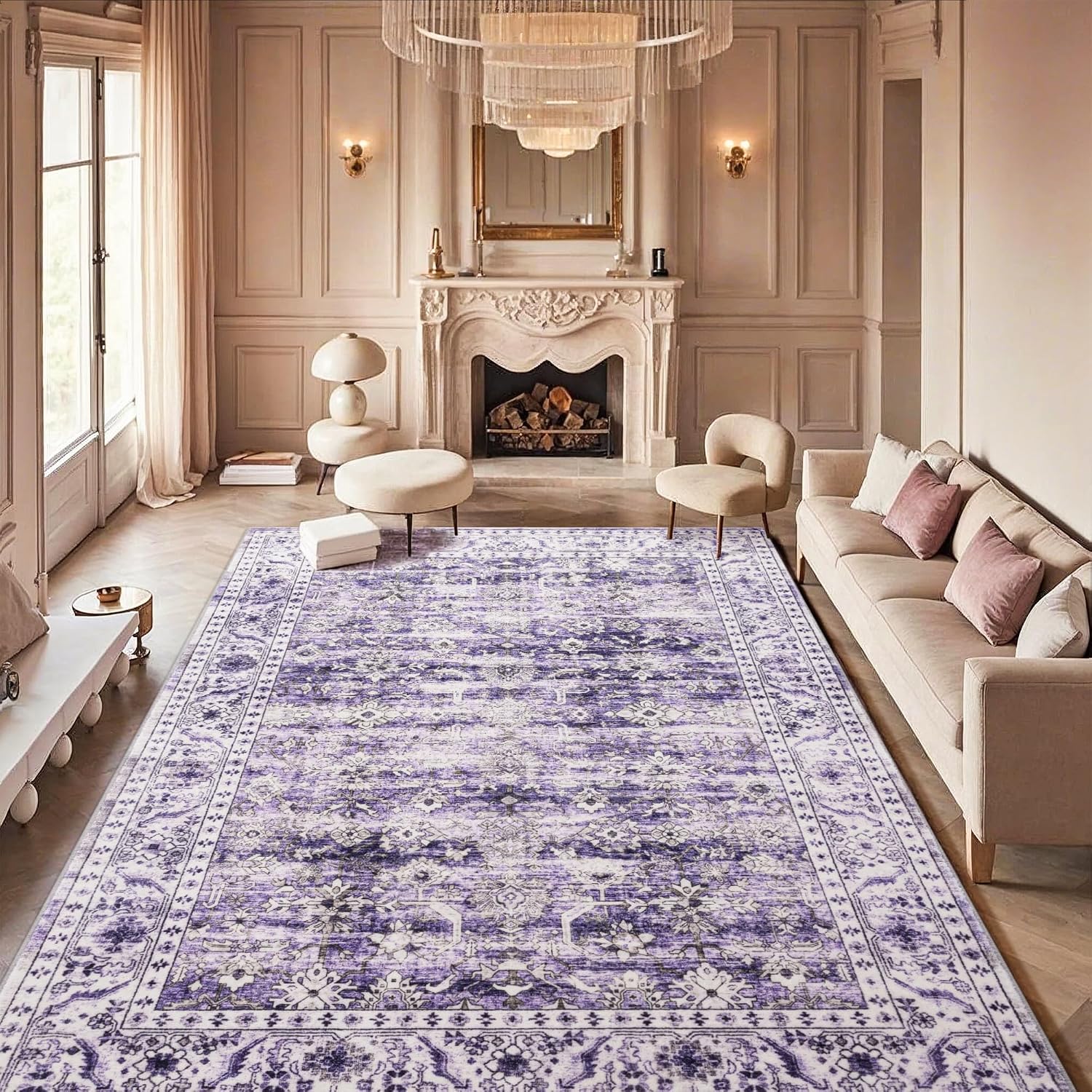 Carvapet 6x9 Purple Vintage Rugs for Living Room Bedroom Dorm, 6 x 9 Washable Low Pile Indoor Carpet Floral with Non Slip Rubber Backing, Foldable, Thin Soft Area Rug