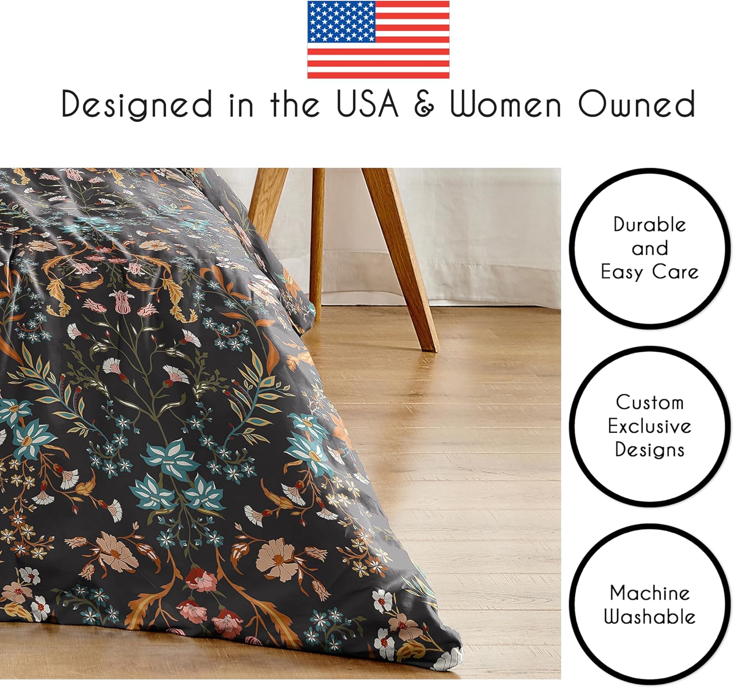 Boho Bohemian Farmhouse Black and Orange Wildflower Garden Floral Duvet Comforter Cover and Sham 3 pc King Size Bed Bedding Set Bedroom Aesthetic Botanical Cottagecore Flower Print Vintage Turquoise