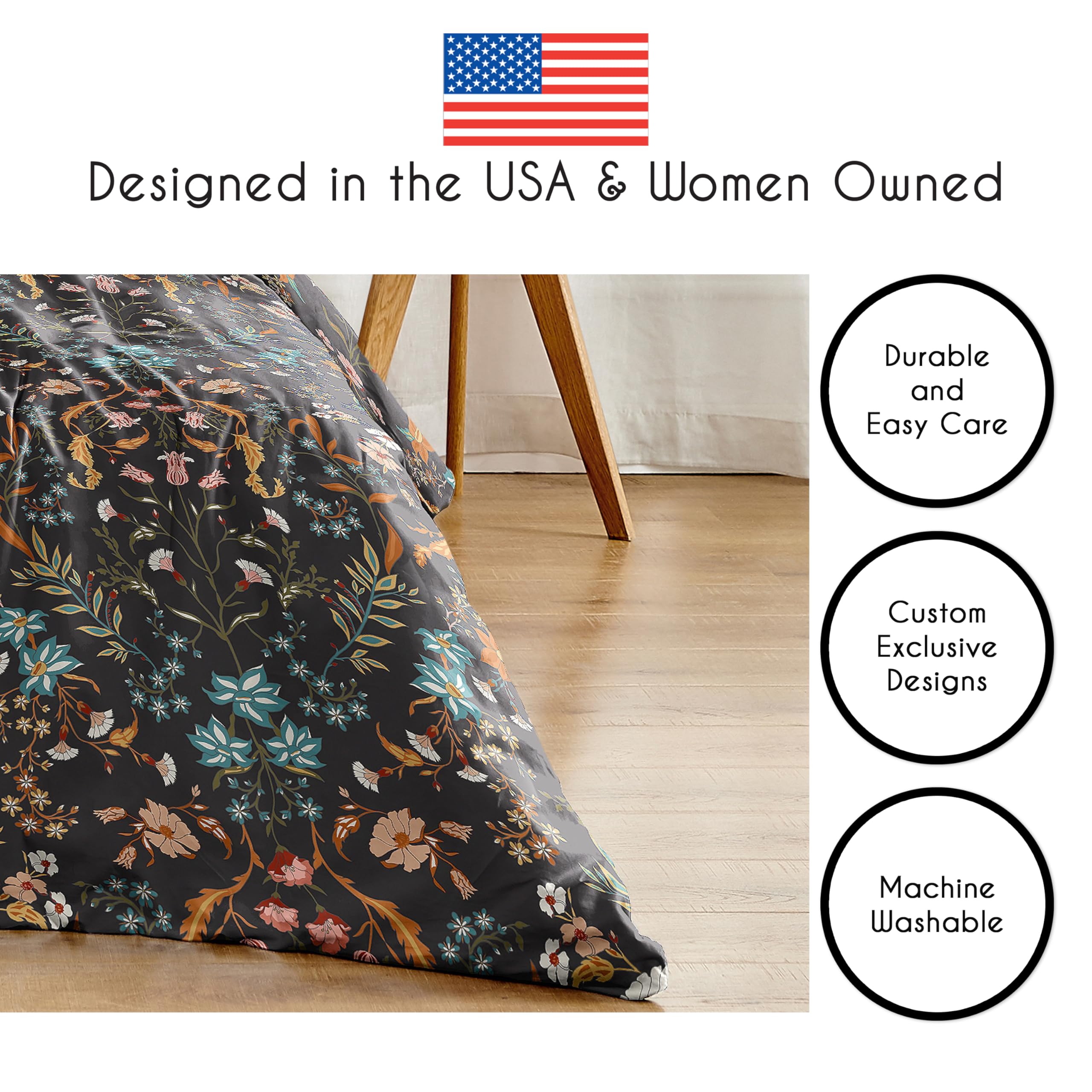 Sweet Jojo Designs boho bohema dom wiejski czarny i pomarańczowy dziki kwiat ogród kwiatowa poszewka na kołdrę i poszewka 3 szt. pełny rozmiar queen size zestaw pościeli sypialnia botaniczny domek
