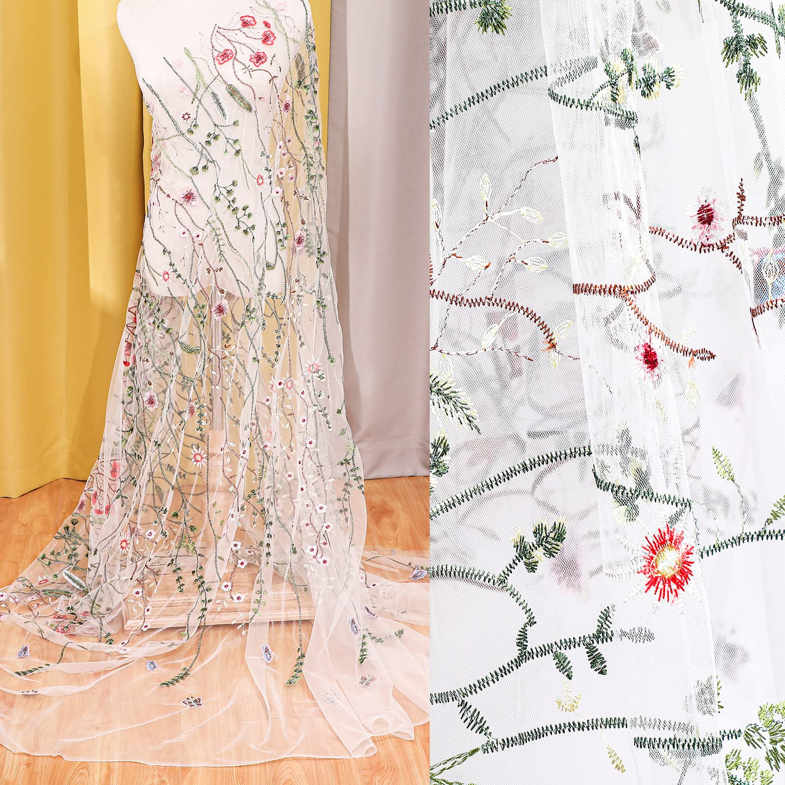 3 Yards Lace Fabric by The Yard Floral Lace Fabric Embroidery Mesh Sewing Fabrics Exquisite Flower Mesh Tulle Trim Fabric for DIY Dresses Handmade Clothing Wedding Craft Home Decor