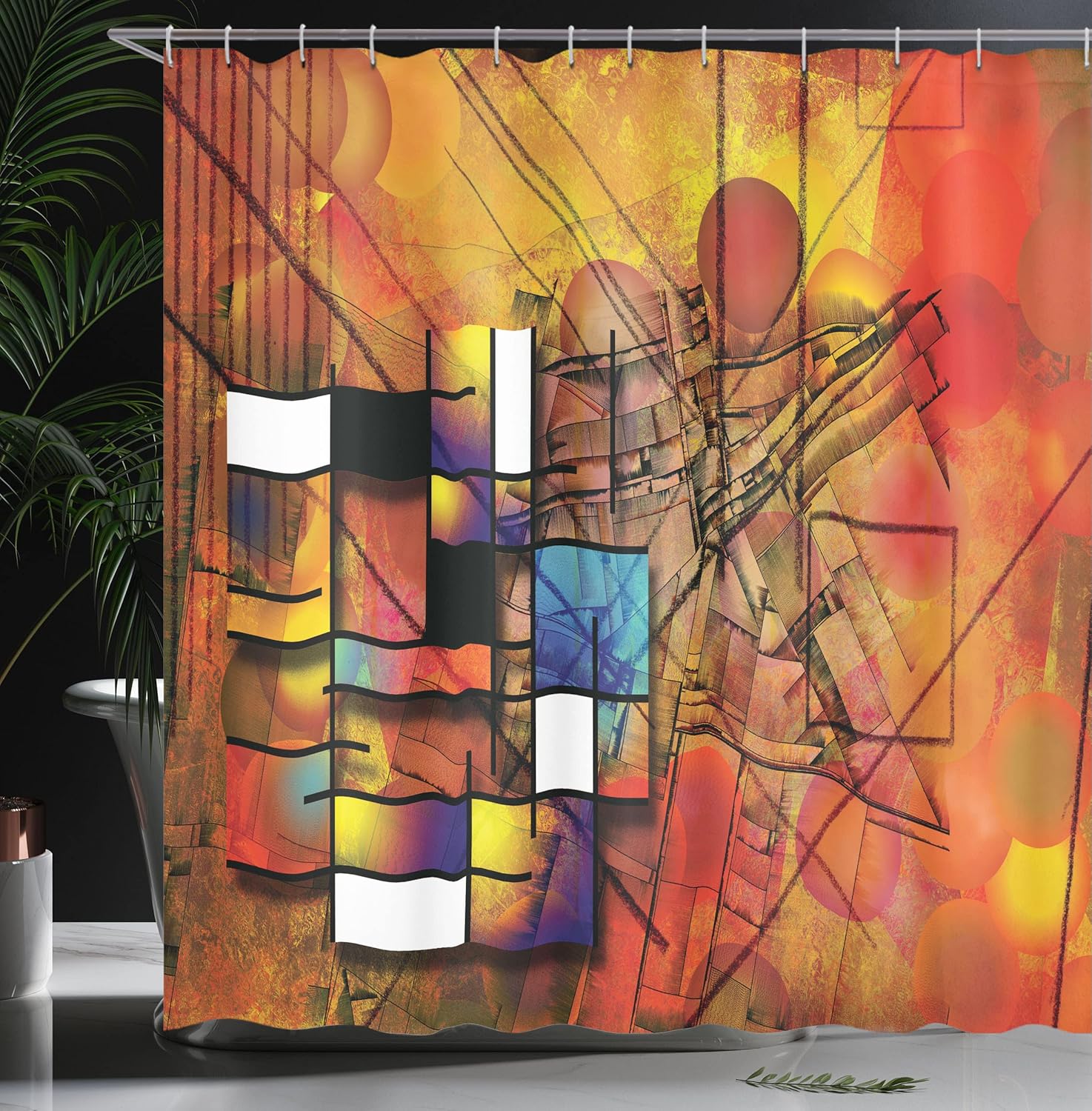 Ambesonne Modern Shower Curtain, Geometric Style Unusual with Lines and Circles Triangles and Squares Image, Cloth Fabric Bathroom Decor Set with Hooks, 69" W x 84" L, Multicolor