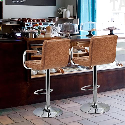 Miniatura 4 de Topeakmart Juego de 2 taburetes de cuero sintético con altura de asiento ajustable con respaldo y brazos, taburete giratorio de 360 elegante, marrón