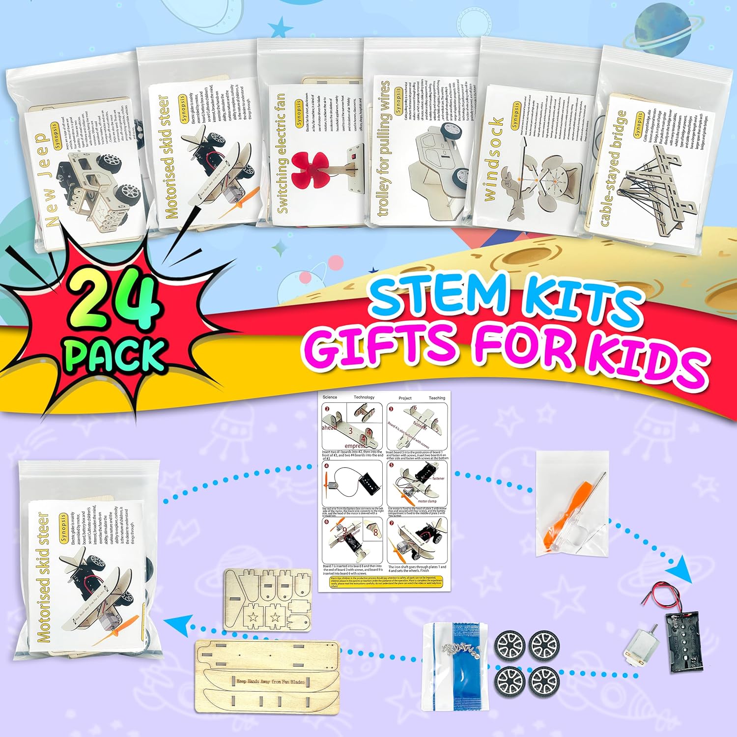 LINAYE 24 Packs STEM Kits for Kids, 6 in 1 Treasure Box Toy Stem Projects Crafts for Kids Age 8-12 Valentines Gifts for Classroom Science Birthday Party Favors Gifts for Boys Girls Ages 8 9 10 11 12