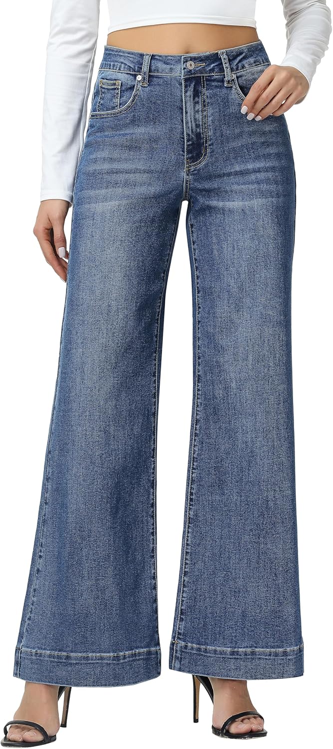 V VOCNI Wide Leg Jeans for Women Casual High Waisted Stretchy Baggy Loose Trendy Flare Denim Pants