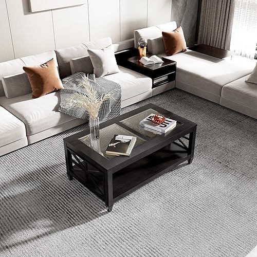 Miniatura 3 de Mesa de centro de granja con parte superior de vidrio templado y estante de almacenamiento, mesas centrales grandes rectangulares de madera maciza