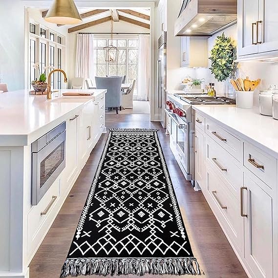 Upgraded Boho Runner Rug 2'x8', Hallway Runner Bohemian Black White, 100 Woven