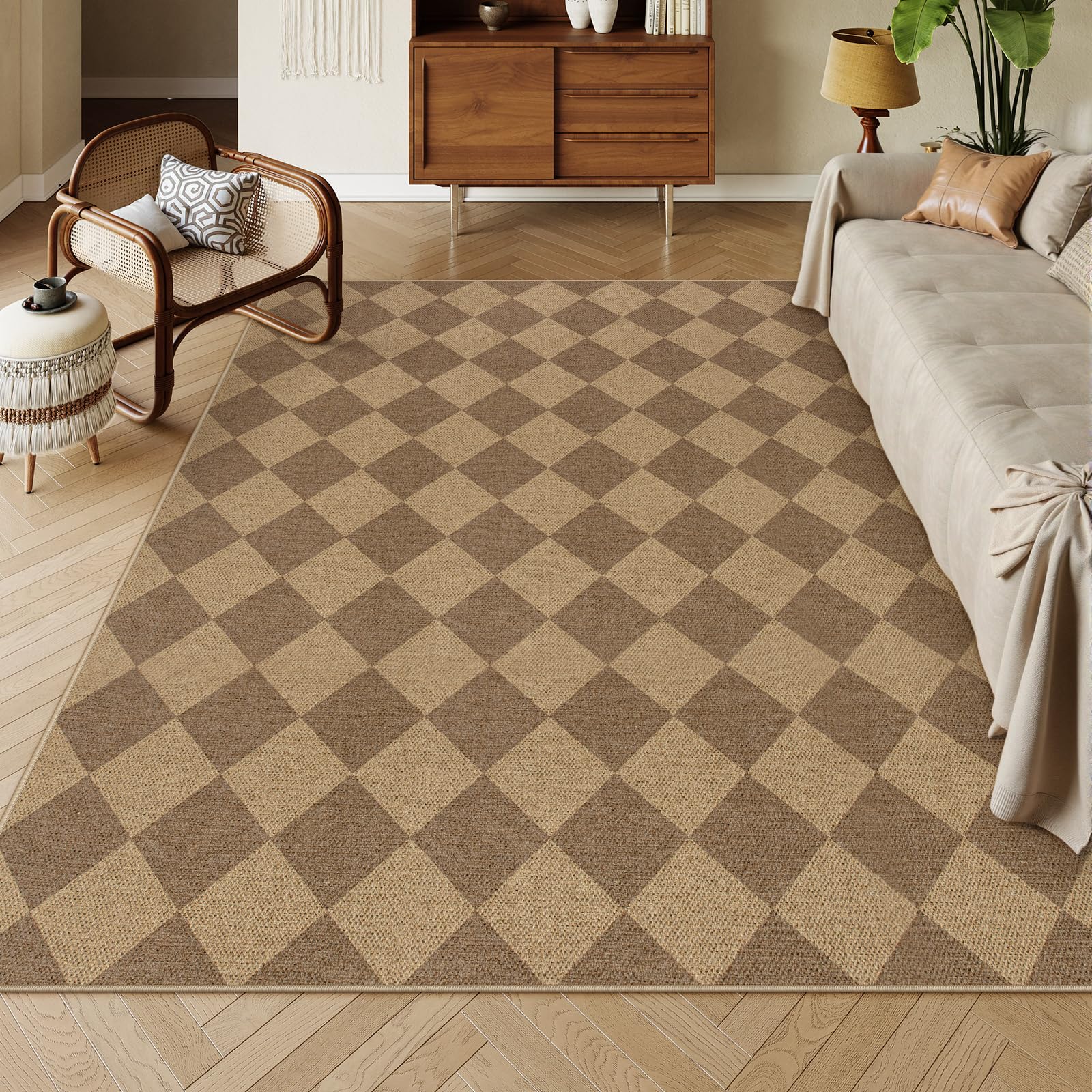 Lahome Colette Checkered Easy Jute 6x9 Rug, Large Rugs for Living Room Dining Room Farmhouse Indoor Outdoor Carpet, Checkerboard Washable Geometric