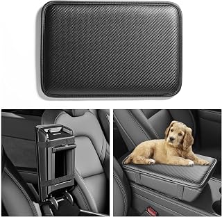 HighnessHwoo Car Armrest Covers, Vehicle Center Console Cover, Middle Storage Pad, Dog & Cat Paws Protetor, Carbon Fiber PU Leather, Waterproof, Anti-slip, Auto Interior Accessories, Black, Large Size