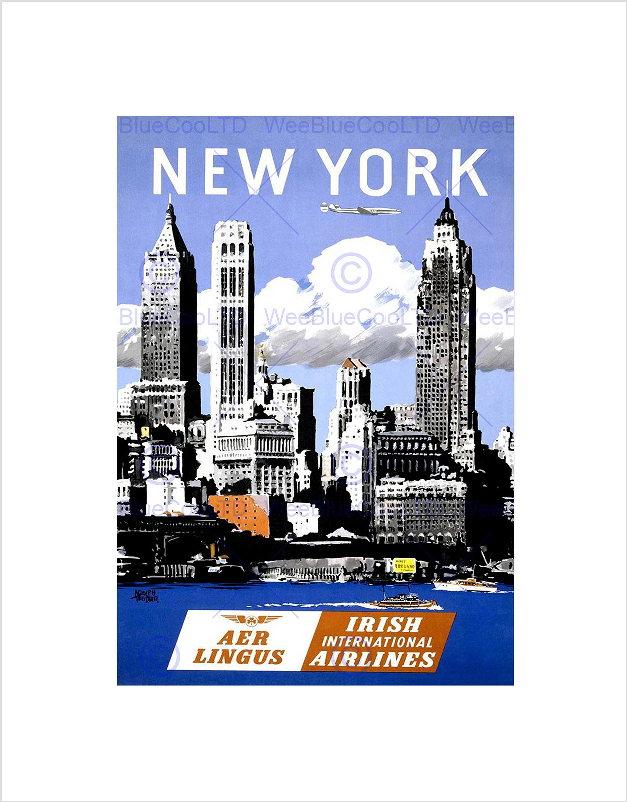 Wee Blue Coo TRAVEL AER LINGUS NEW YORK MANHATTAN IRELAND AIRLINE AD FRAMED ART PRINT B12X1443