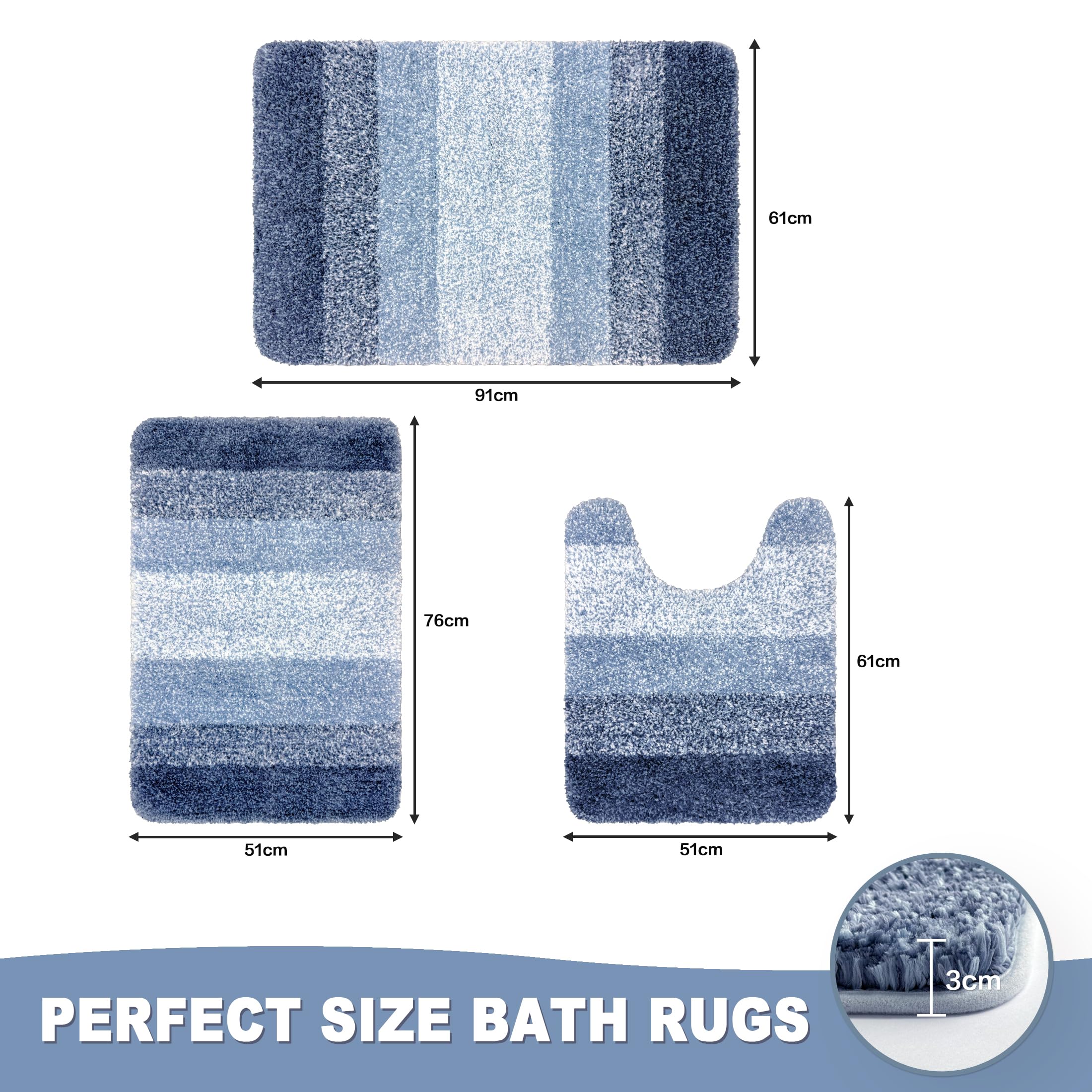 Generisch 3-teiliges Badezimmermatten Set, rutschfest, Waschbar, Weicher Polyester Badteppich, Saugfähig, WC Vorleger U-Form, Duschmatte, Badematte 91 × 61 cm (Blau)