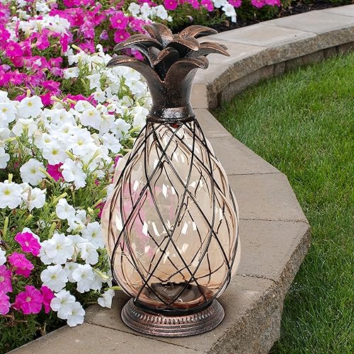 Miniatura 1 de Exhart Luces solares de jardín al aire libre, linterna de piña de vidrio y metal, 15 luces LED de luciérnaga, ámbar, 13 pulgadas