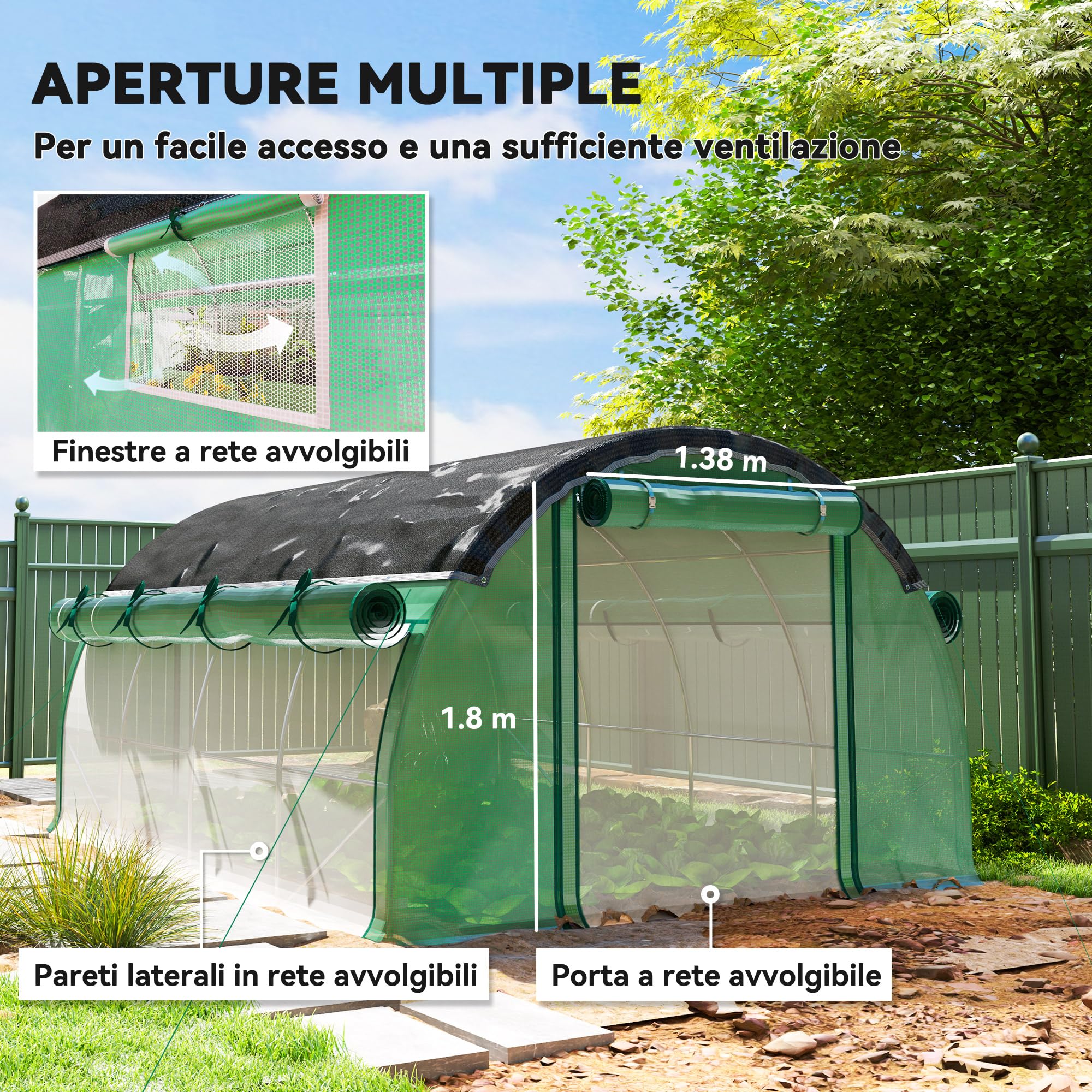Outsunny Serra da Giardino a Tunnel 4x3x2 m con Rete Ombreggiante, Serra per Orto 8 Finestre, 2 Porte e Pareti Laterali Avvolgibili, Struttura in Acciaio e Copertura PE, per Verdure Fiori, Verde