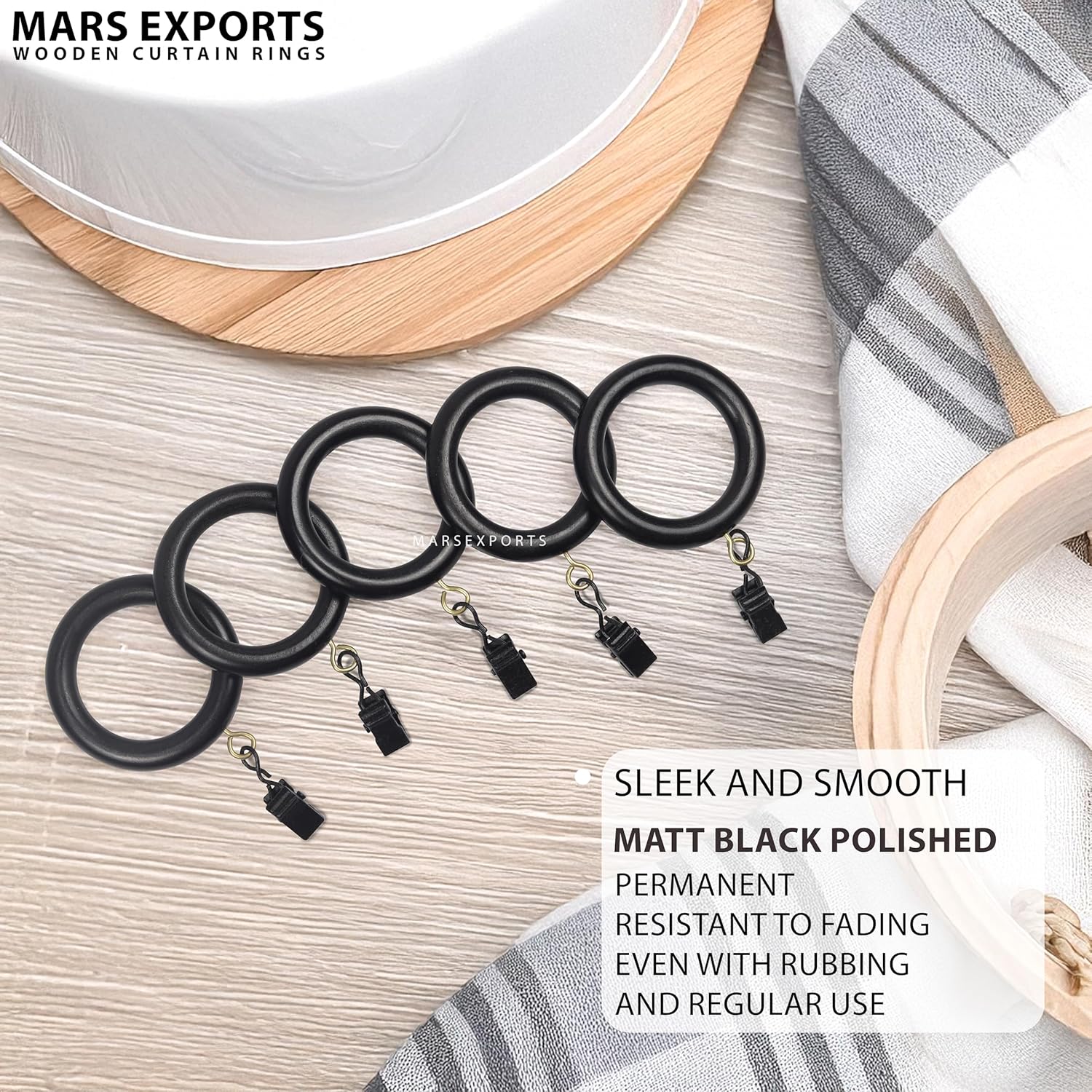 24 Pack of 2.5 Inch Wooden Curtains Rod Rings with Clips and Hooks (1.5 inch Inner Diameter) for 1-1.5 Inch Rod Pole, Wood Curtain Drapes Clip Ring, Hangers, Shower Curtains Decor (Black)