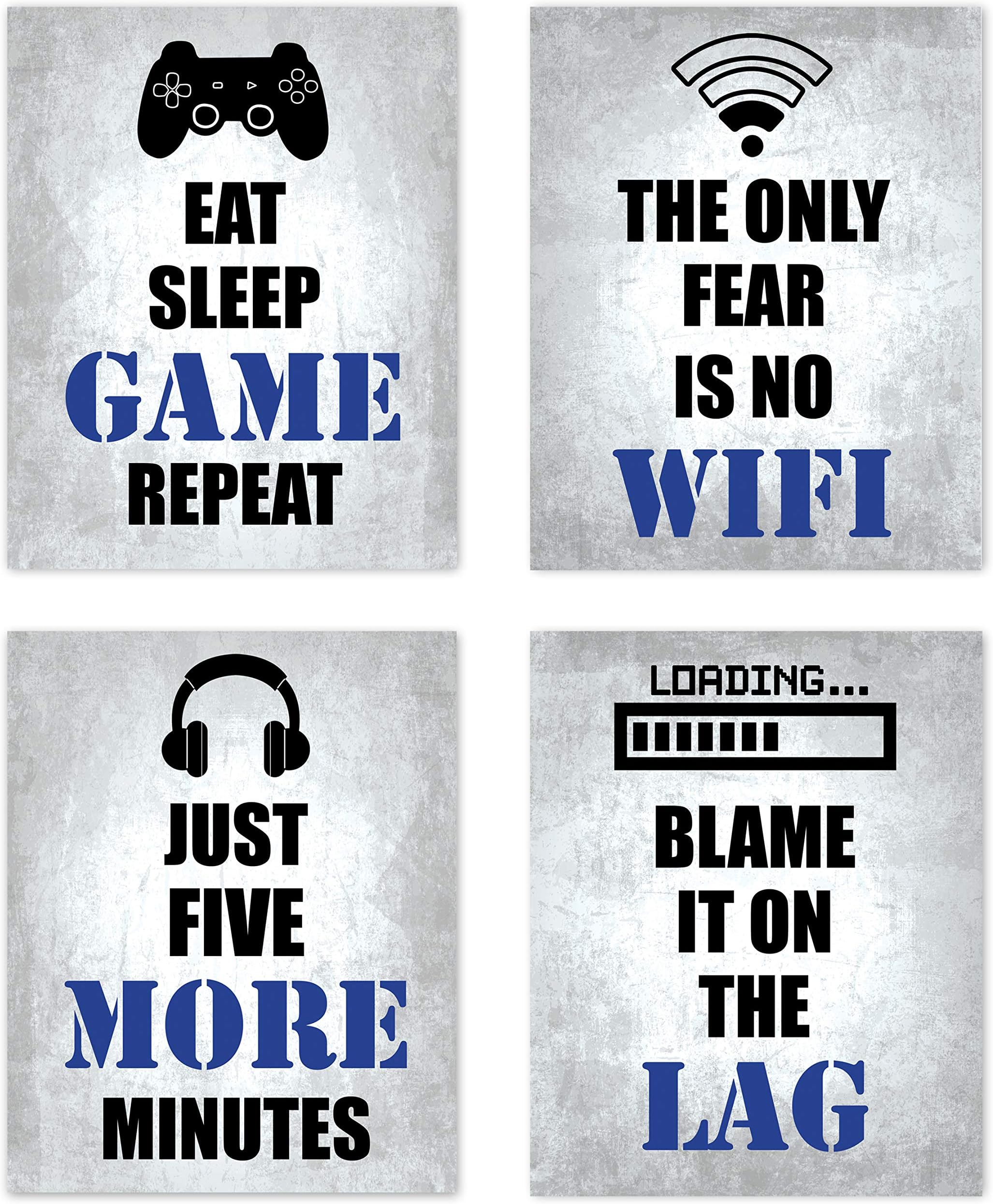 Video Game Themed Gamer Wall Art Posters Home Decor Black, White and Blue Gaming Bedroom Pictures Prints Decorations for Teen Dorm College Playrooom Gameroom Boys Girls Children –Set of 4 8 x 10 in.