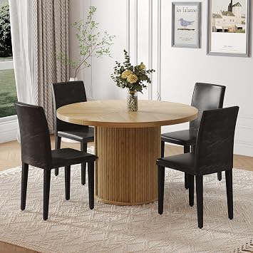 Round Dining Table Set for 4, 47.2 inch Wood Kitchen Table with Faux Leather Chairs Set of 4, Modern 5 Piece Dinner Table Set with 2-Layer Storage Shelf and Slide Door for Dining Room Farmhouse