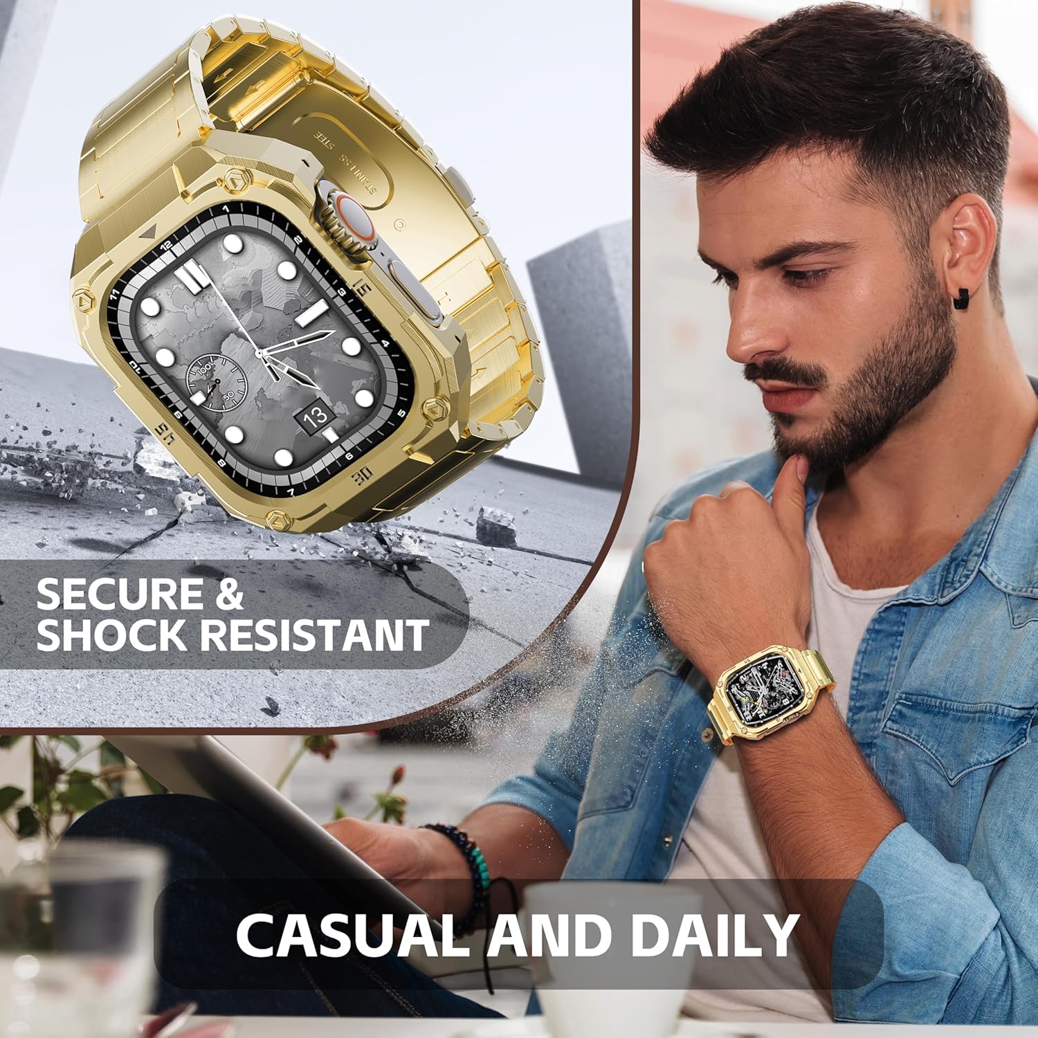Business Stainless Steel Case with Band Compatiable for 49mm Apple Watch Ultra bands for men, Rorust Metal Apple Watch Bumper Case Cover with Solid Replacement Strap for iWatch Band Ultra 2/1,Gold - Image 7