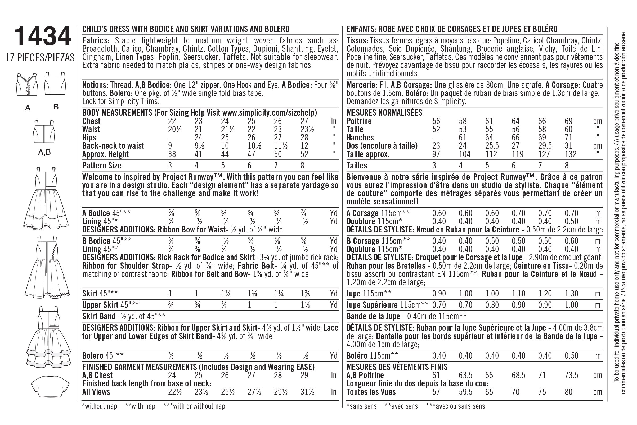 Simplicity Project Runway Pattern 1434 Girls Dress with Bodice and Skirt Variations and Bolero Sizes 3-4-5-6-7-8