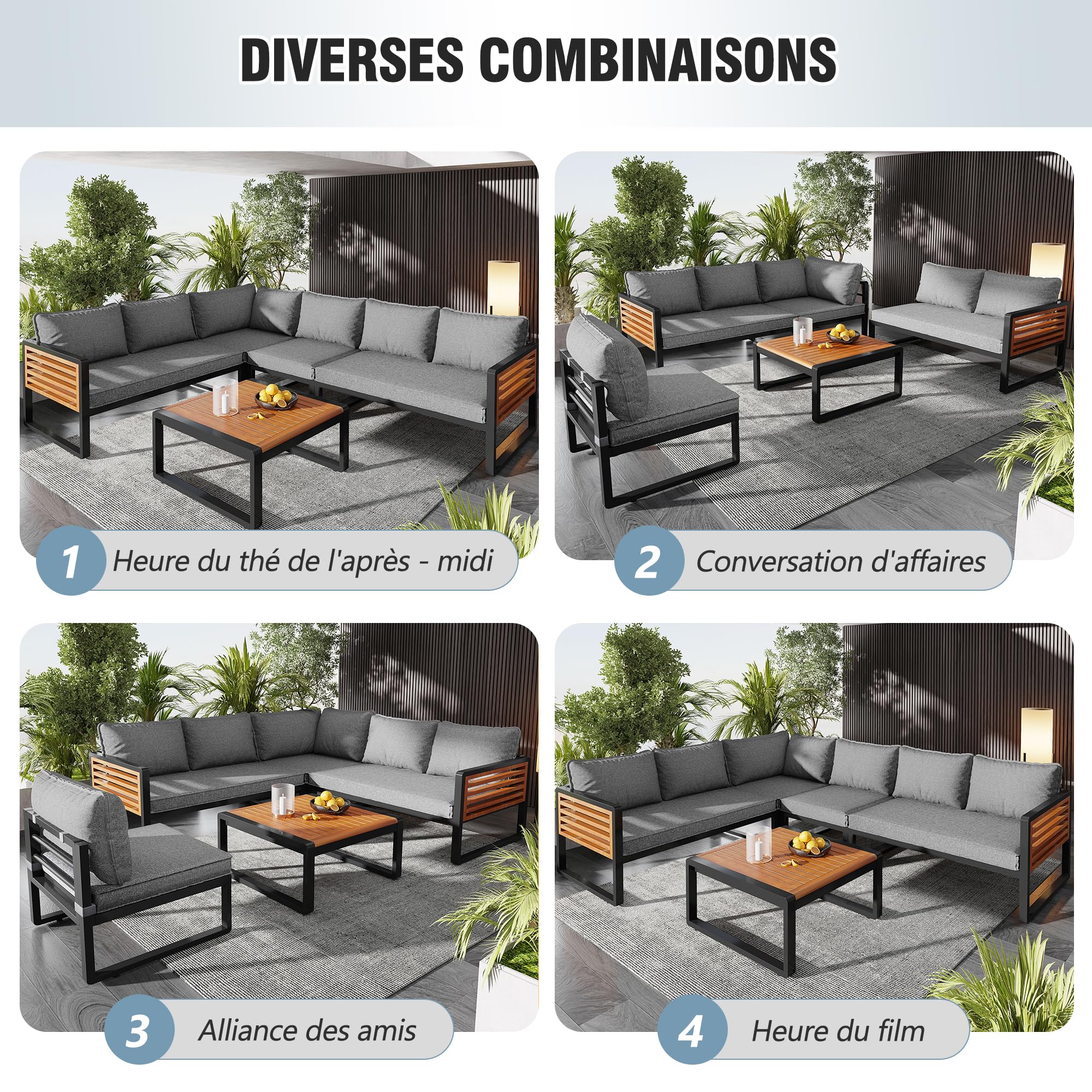 Ensemble Salon de Jardin Exterieur 5-6 Places, Mobilier de Jardin en Métal avec Structure en Fer Zinc et Accoudoirs en Bois, Canapé d'angle Modulable, Table Basse en Bois Massif