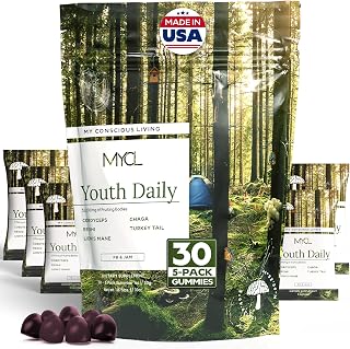MYCL Youth Daily Vitamin Mushroom Gummies | 500mg Fruiting Body Mushrooms – Cordyceps, Reishi, Lion’s Mane, Turkey Tail & Chaga | Immune & Focus Support | PB & Jam Flavor, 30 Servings (5-Gummy Packs)