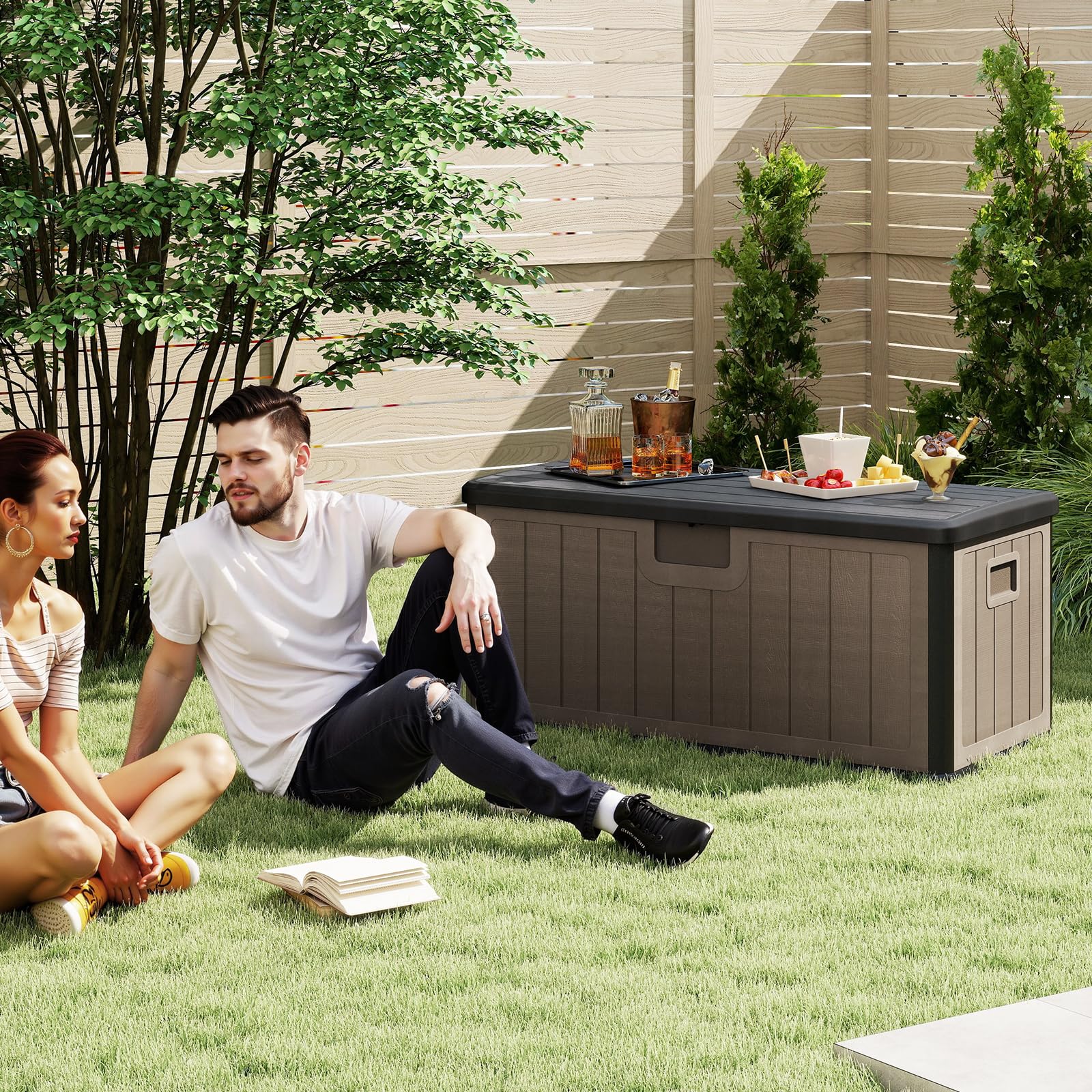 GOPLUS 378 L Gartenbox, Auflagenbox wasserdicht, Aufbewahrungsbox mit abschließbarem Deckel & Griff, Kissenbox für Garten, Gartentruhe für Terrasse, Poolzubehör & Gartengeräte (Schwarz+Braun)