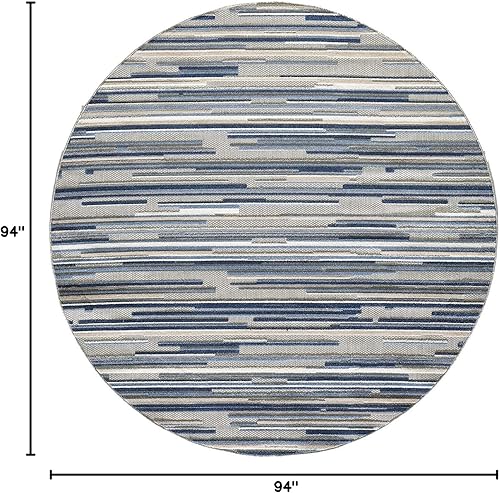 Miniatura 2 de HomeRoots Alfombra de área interior y exterior a rayas azules redondas de 8 pies