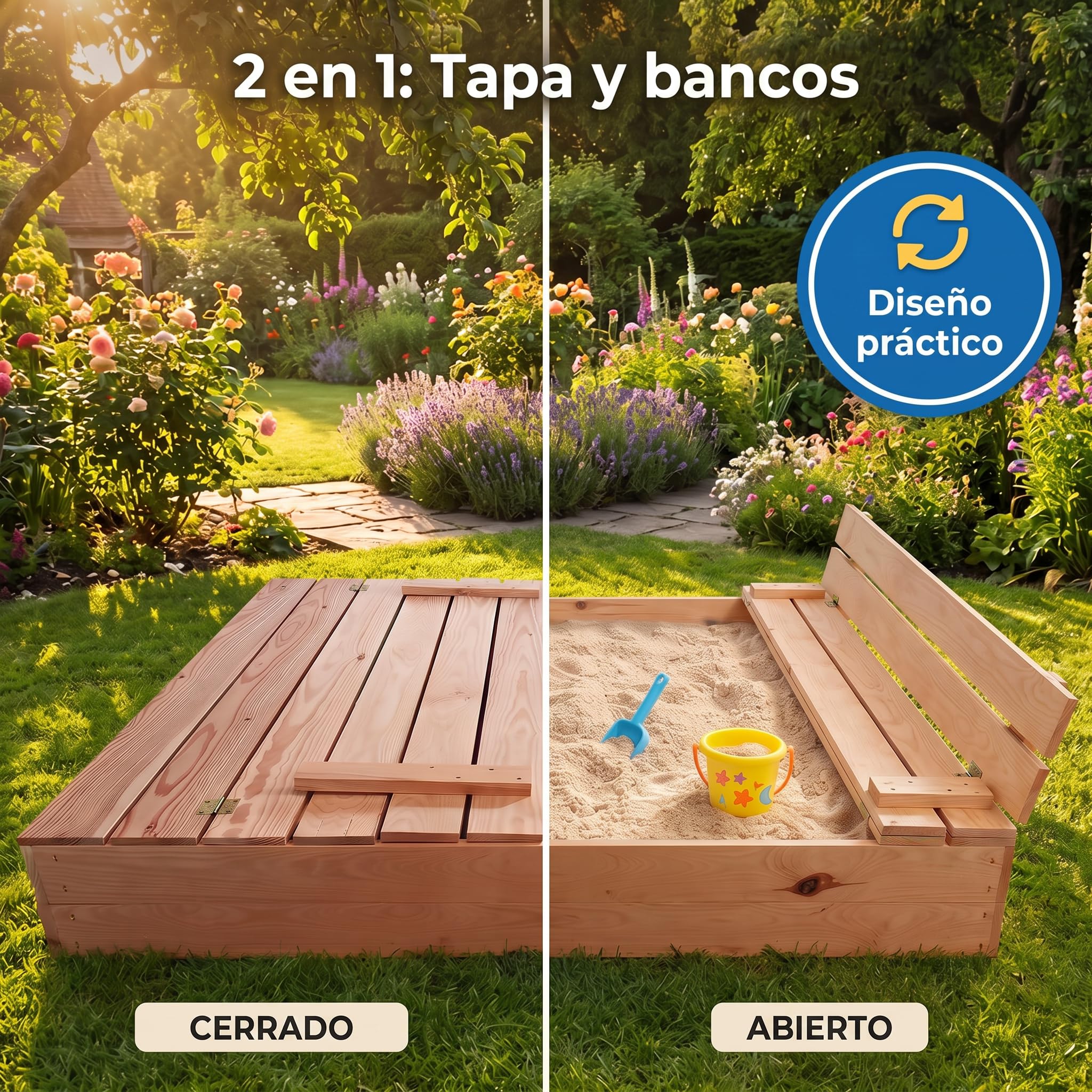 VELORA H&L Arenero Infantil de Madera con Tapa y 2 Bancos 120 x 120 cm – Caja de Arena 2 en 1 para Niños, Jardín y Exterior, Tela de Fondo Incluida