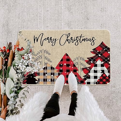 Miniatura 4 de Baccessor Felpudo de Navidad con diseño de árboles de Navidad, a cuadros, decorativo para interiores y exteriores, tapete de puerta de bienvenida de