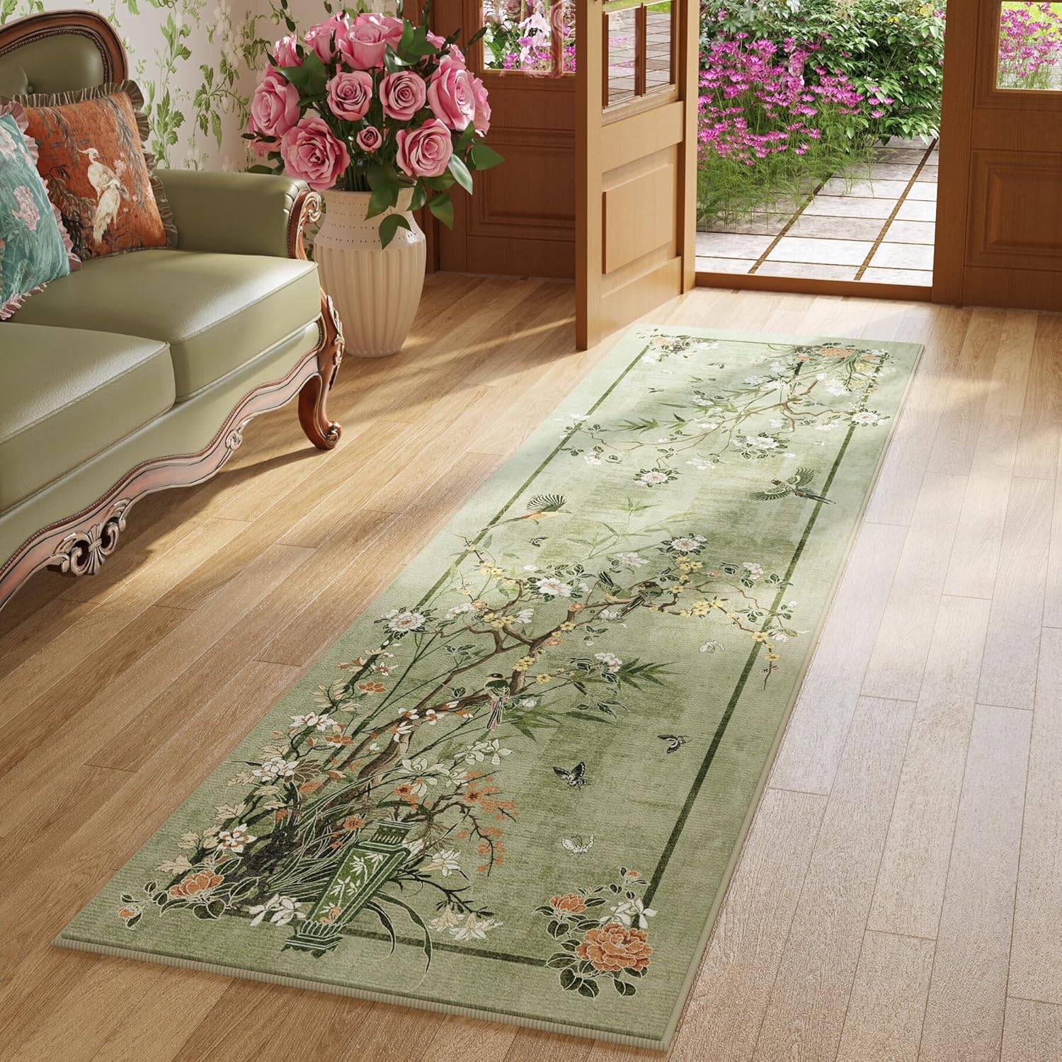 Runner Rug Chinoiserie-Style Floral Vintage Kitchen Rugs Non Slip Washable with Rubber Backing Soft Carpet for Laundry, Bedroom, Bathroom, Green Green - Chinoiserie 2'7" x 8' (Rectangular)