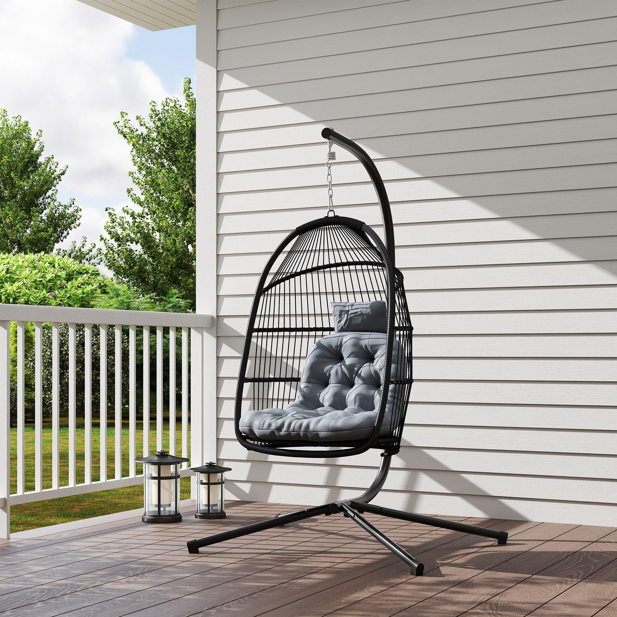 Outsunny Silla Colgante Huevo con Soporte Exterior 150 kg Gris Oscuro | Columpio Jardín, Cesta Plegable, Cojín Anti-UV, Reposacabezas Desmontable, Uso Interior