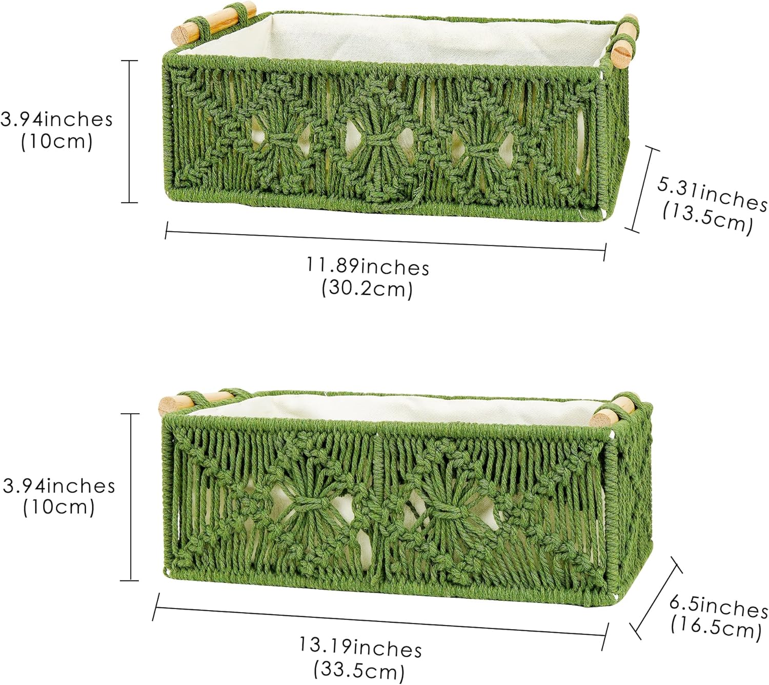 Green Macrame Storage Baskets, Boho Woven Decor Organizer for Countertop Toilet Tank Shelf Cabinet Bathroom Living Room Entryway (Set of 2)